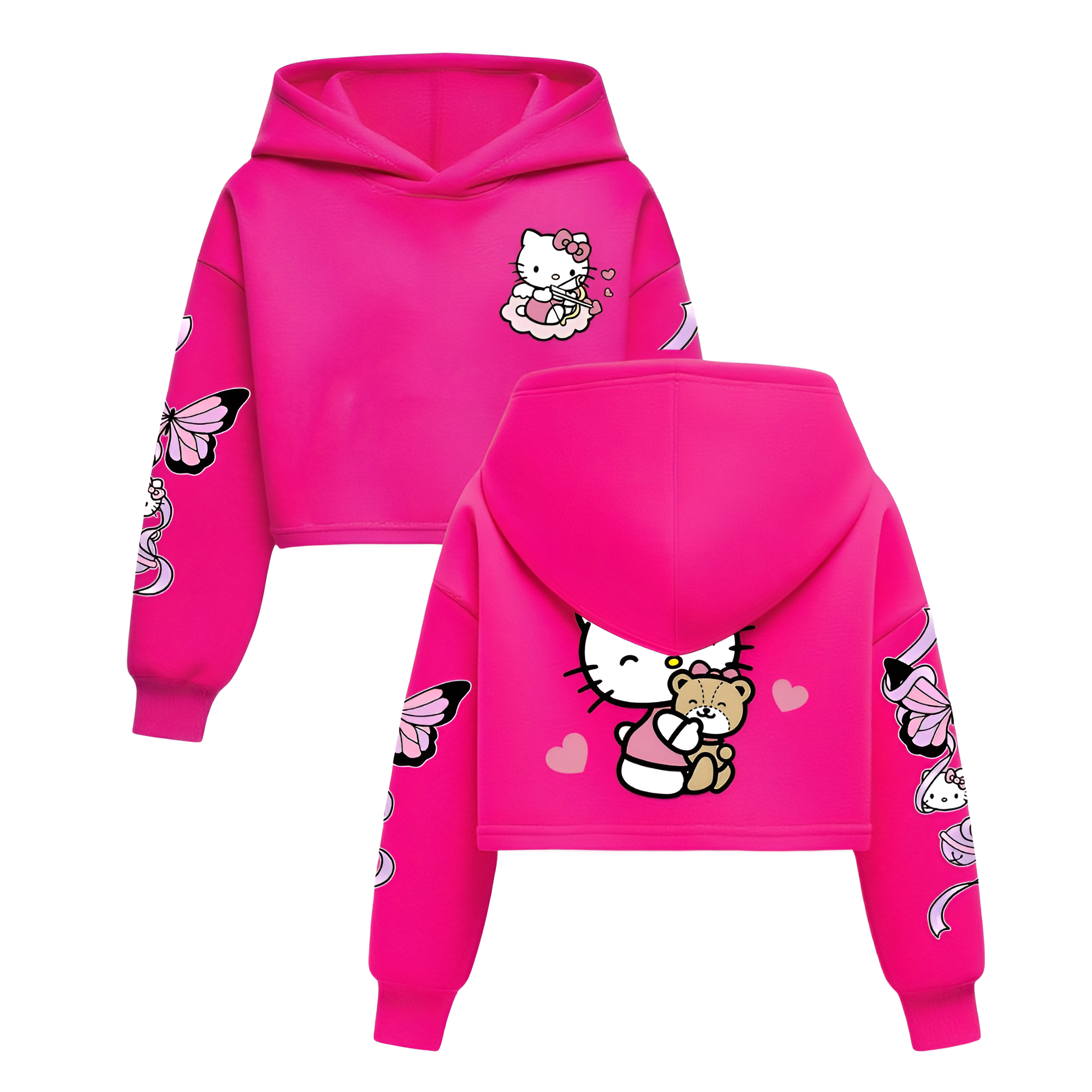 Hello Kitty Cartoon Print Hooded Sweatshirt For Girls Winter Wear