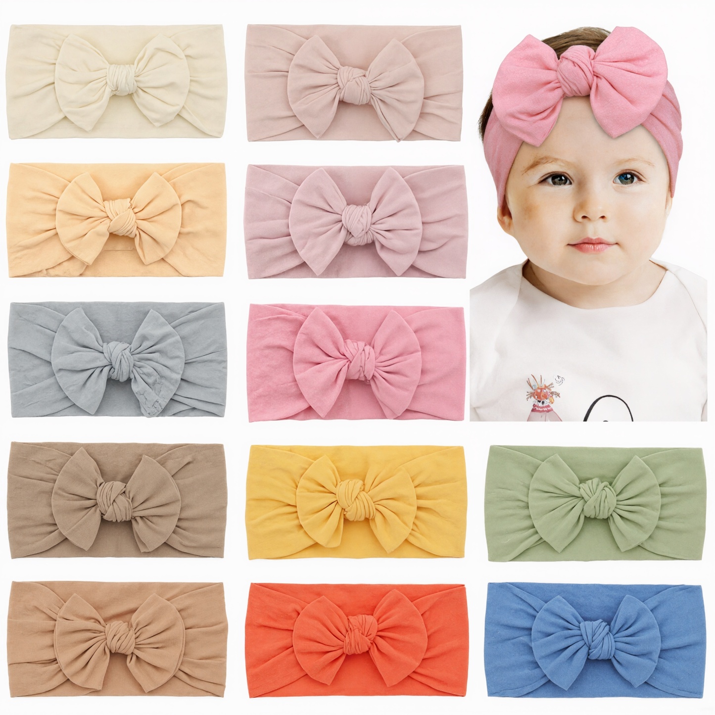 12 Pieces Stretchy Soft Knot Headbands With Hair Bows For Toddlers