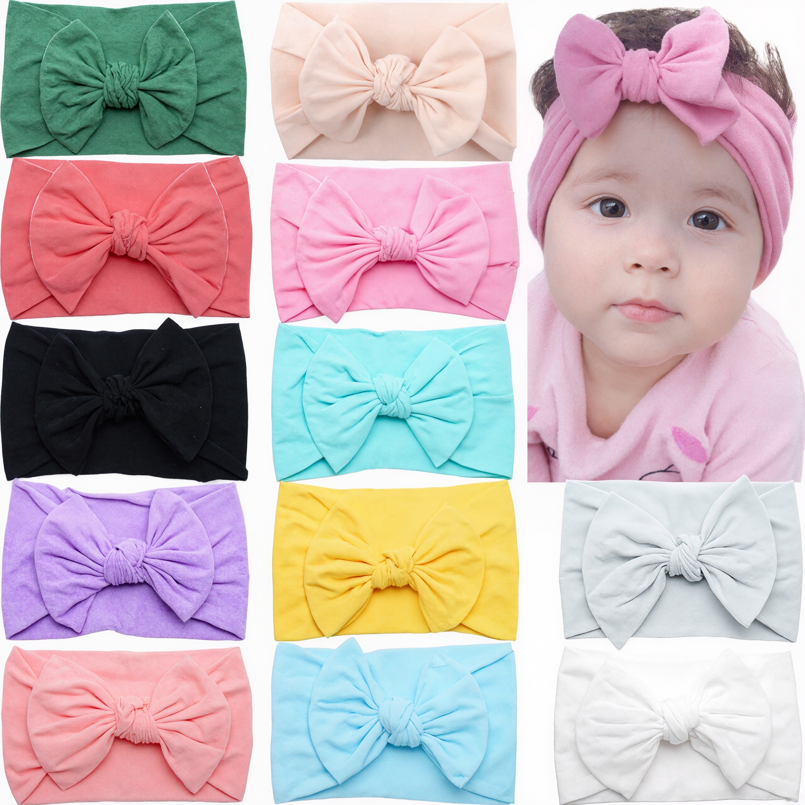 12 Pieces Stretchy Soft Knot Headbands With Hair Bows For Toddlers