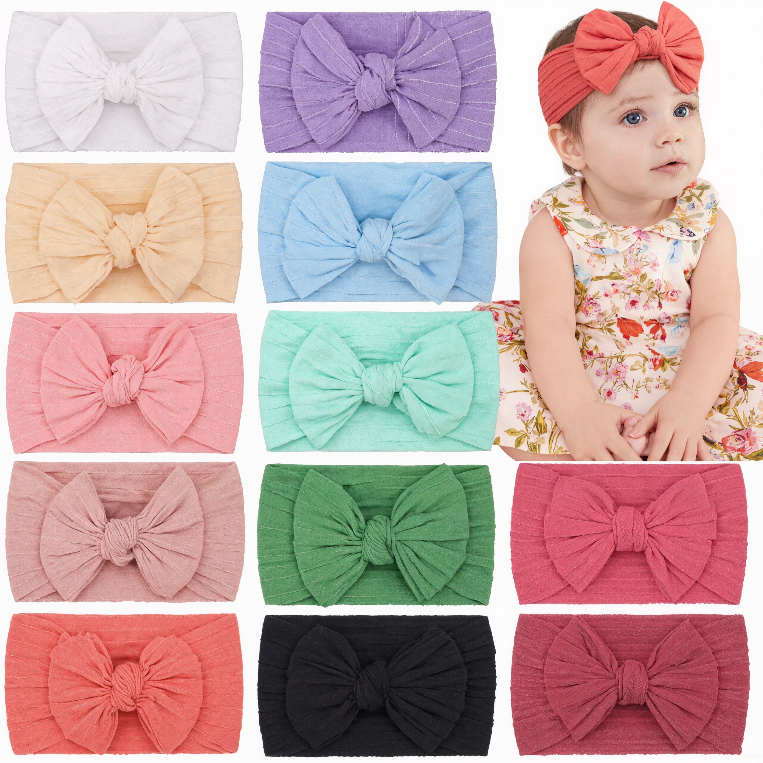 12 Pieces Stretchy Soft Knot Headbands With Hair Bows For Toddlers