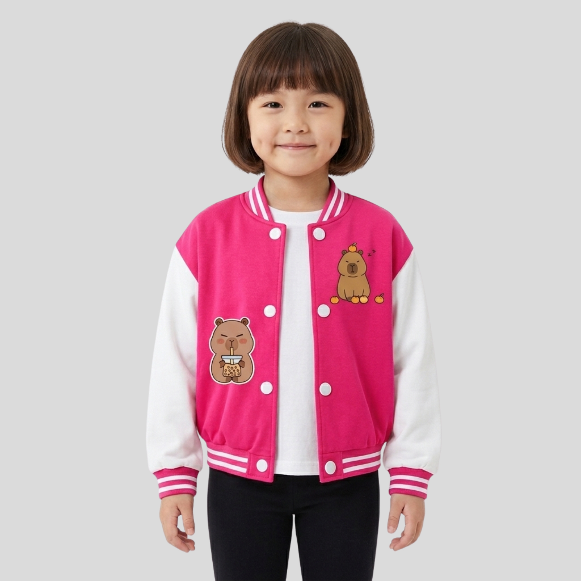 Capybara Family Print Baseball Jacket With Snap Closure And Casual Style For Girls