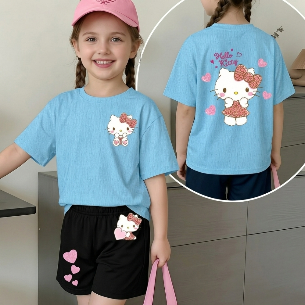 Hello Kitty Double Sided Print T Shirt And Shorts 2 Piece Outfit Set For Girls