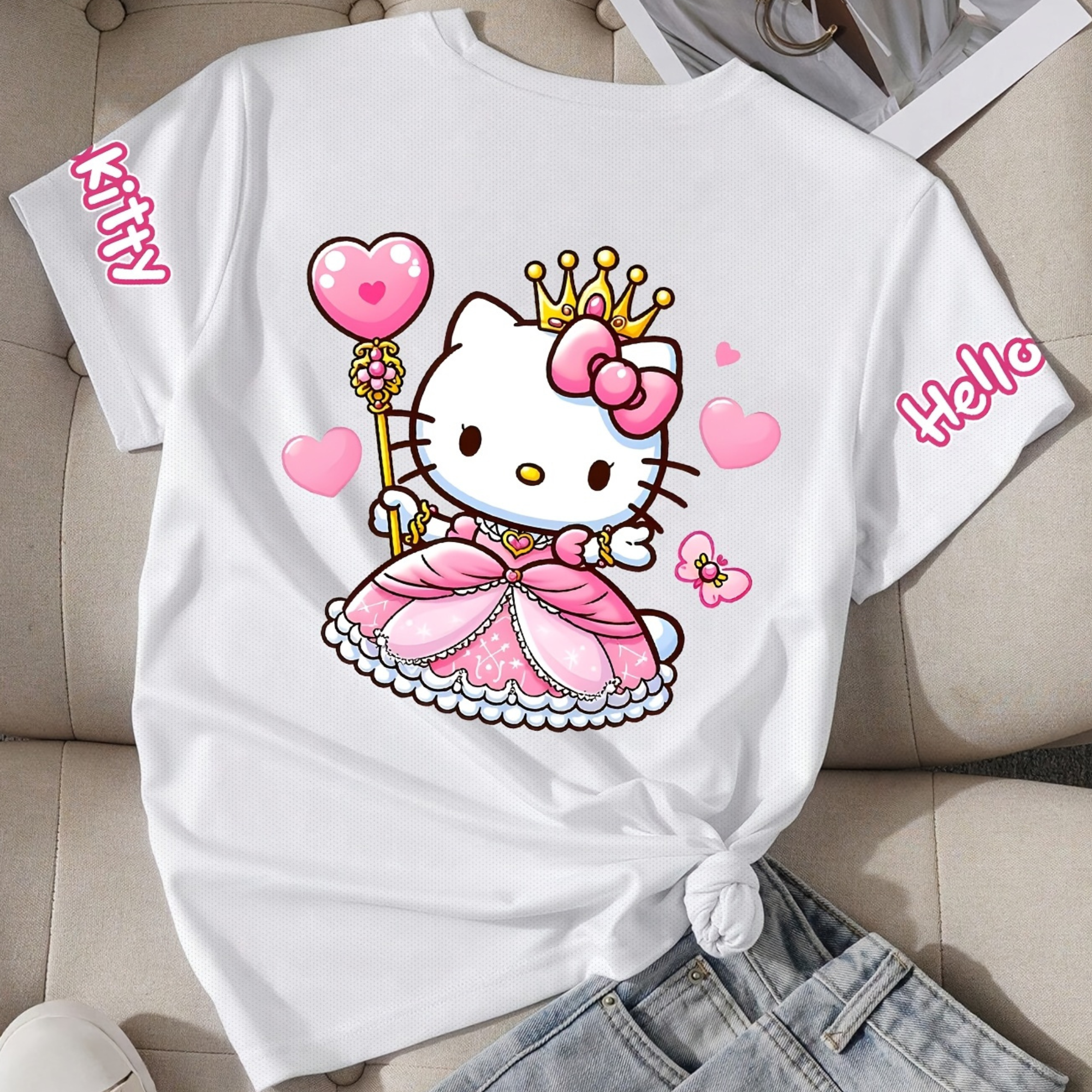 Casual Short Sleeved T Shirt With Hello Kitty Printed For Girls 
