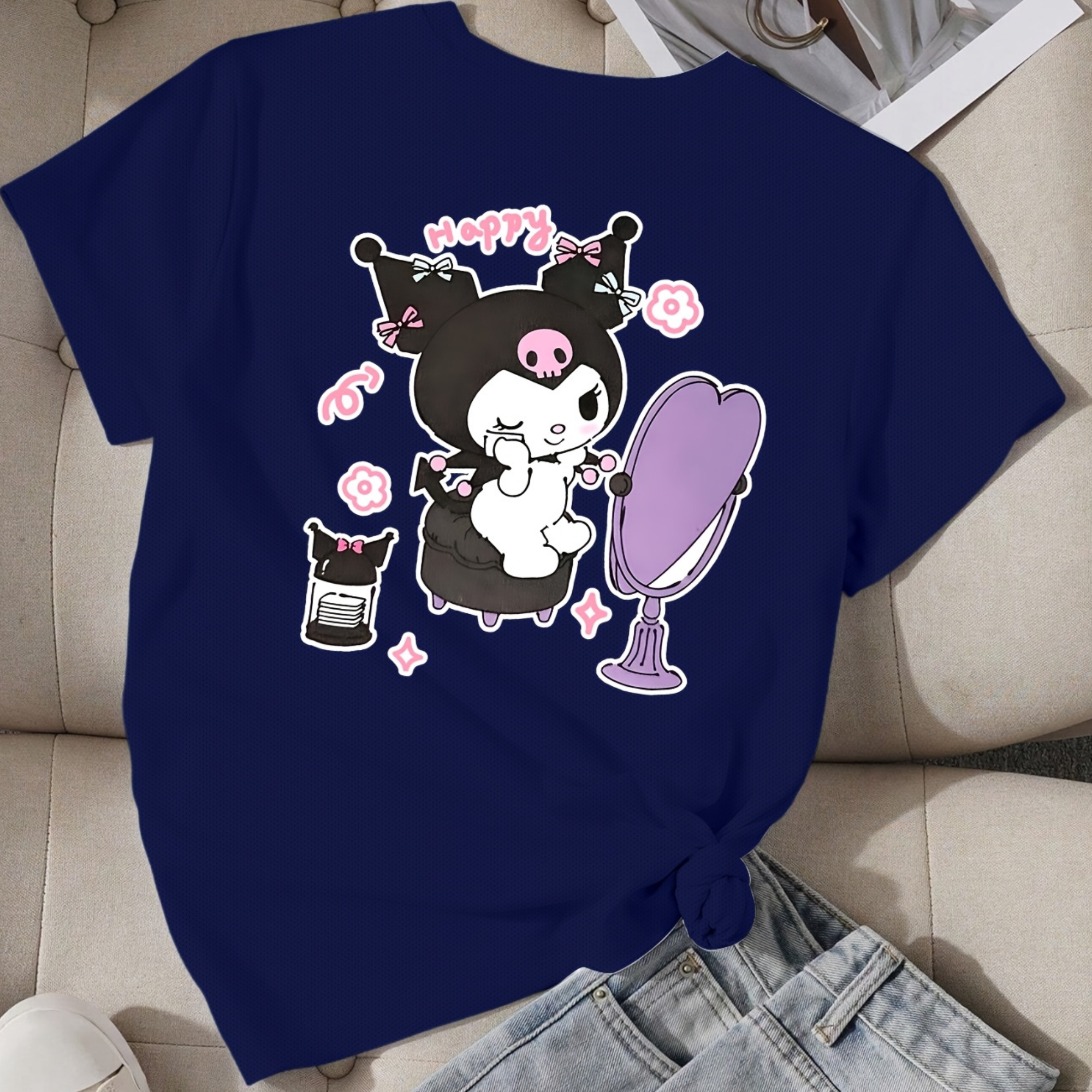 Mesh Short Sleeve T Shirt With Double Sided Kuromi Printed For Girls
