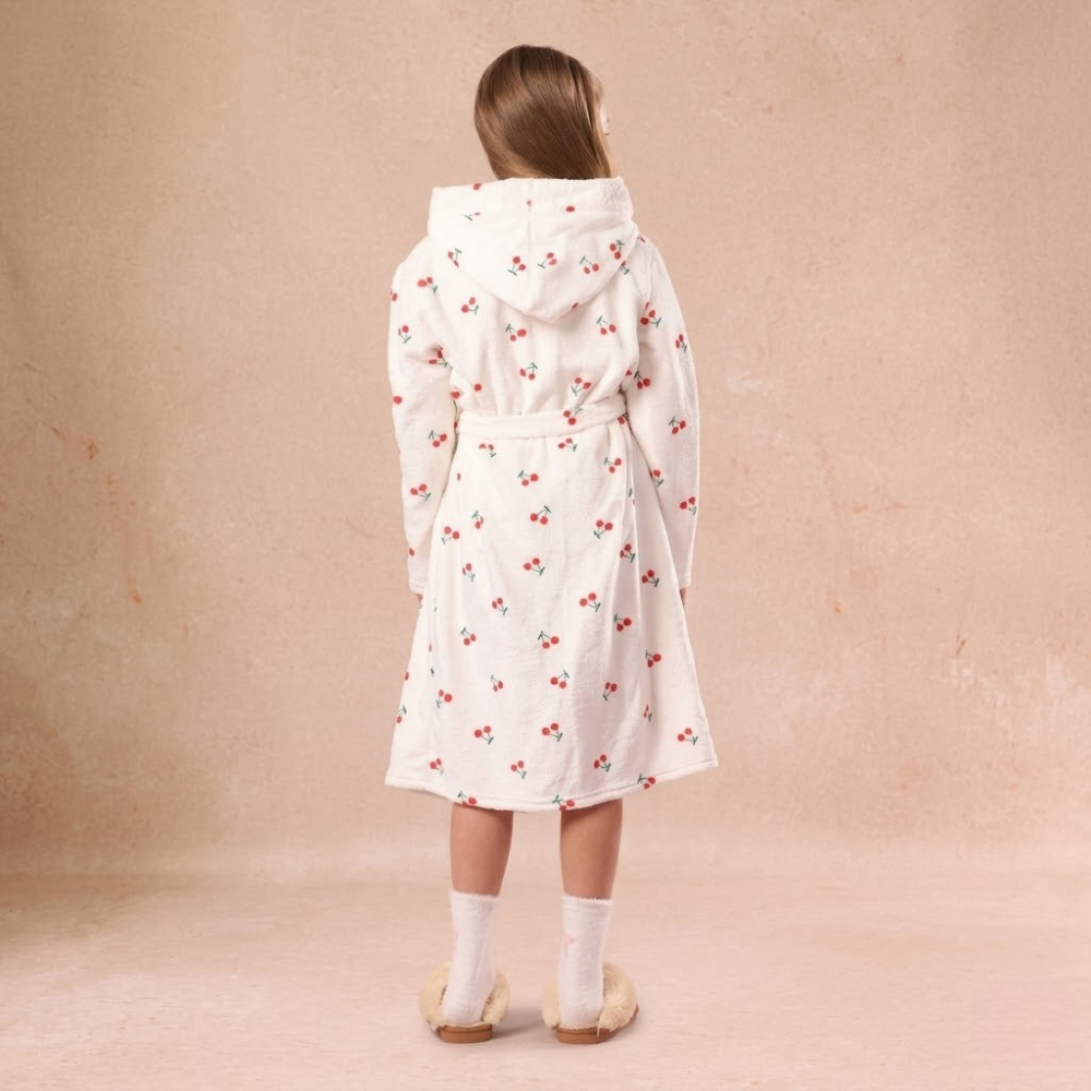 Cherry Printed Plush Bathrobe With Hood And Long Sleeve For Girls