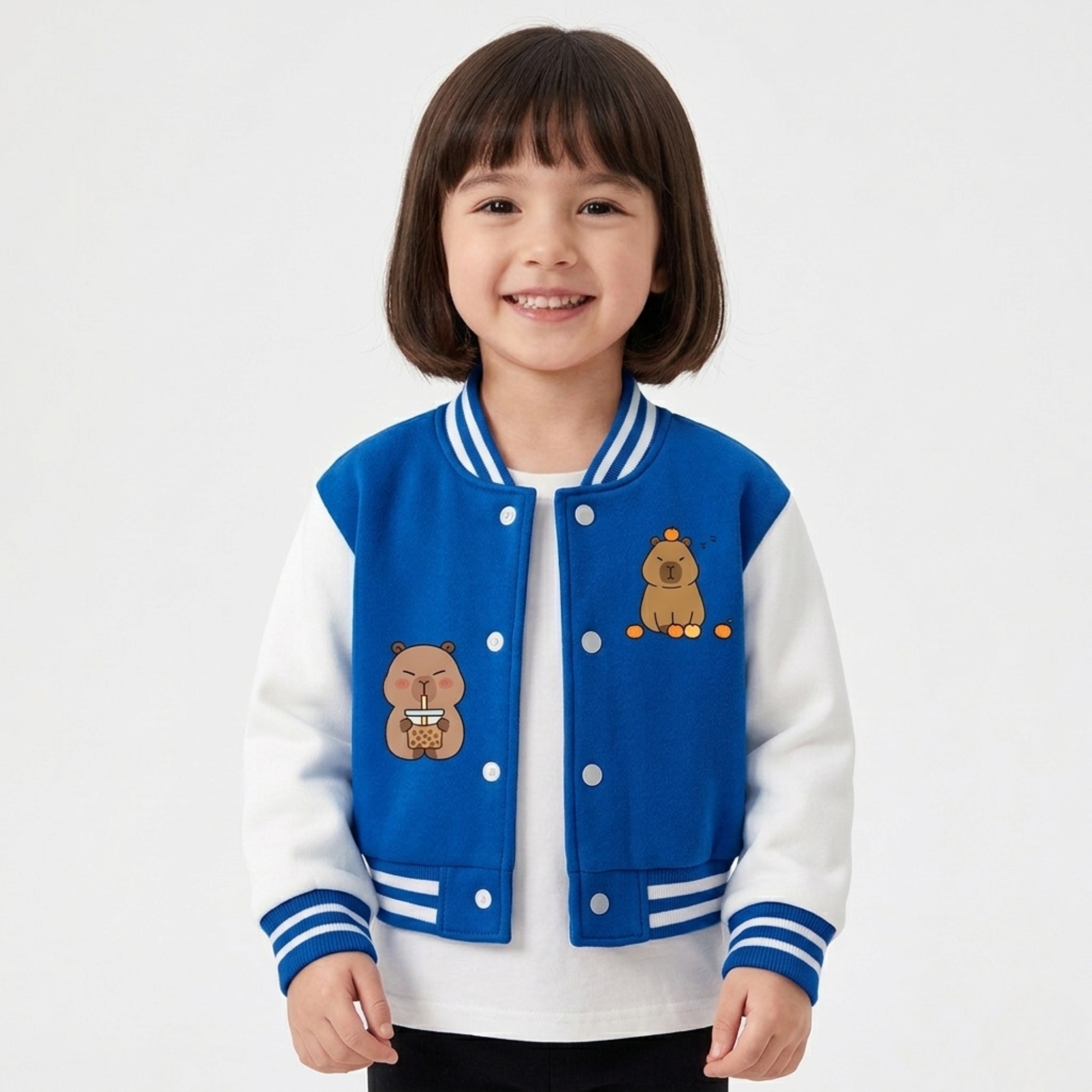 Capybara Family Print Baseball Jacket With Snap Closure And Casual Style For Girls