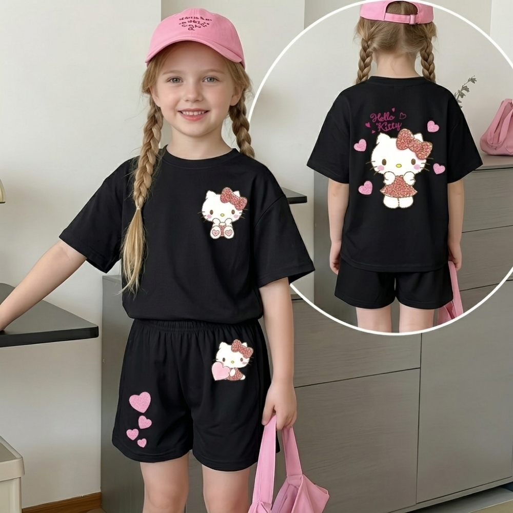 Hello Kitty Double Sided Print T Shirt And Shorts 2 Piece Outfit Set For Girls