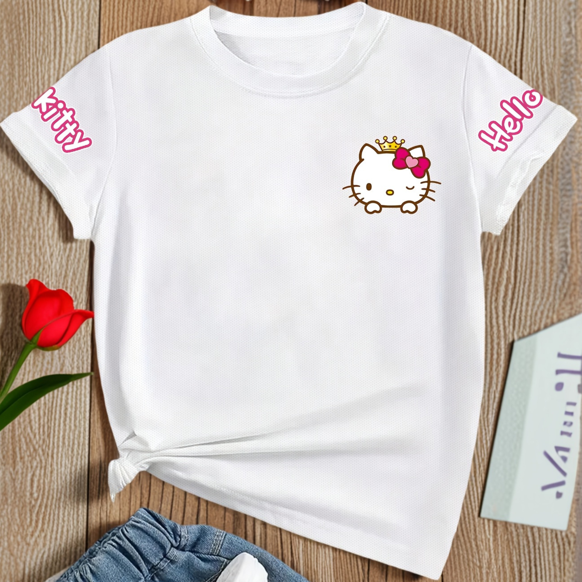 Casual Short Sleeved T Shirt With Hello Kitty Printed For Girls 