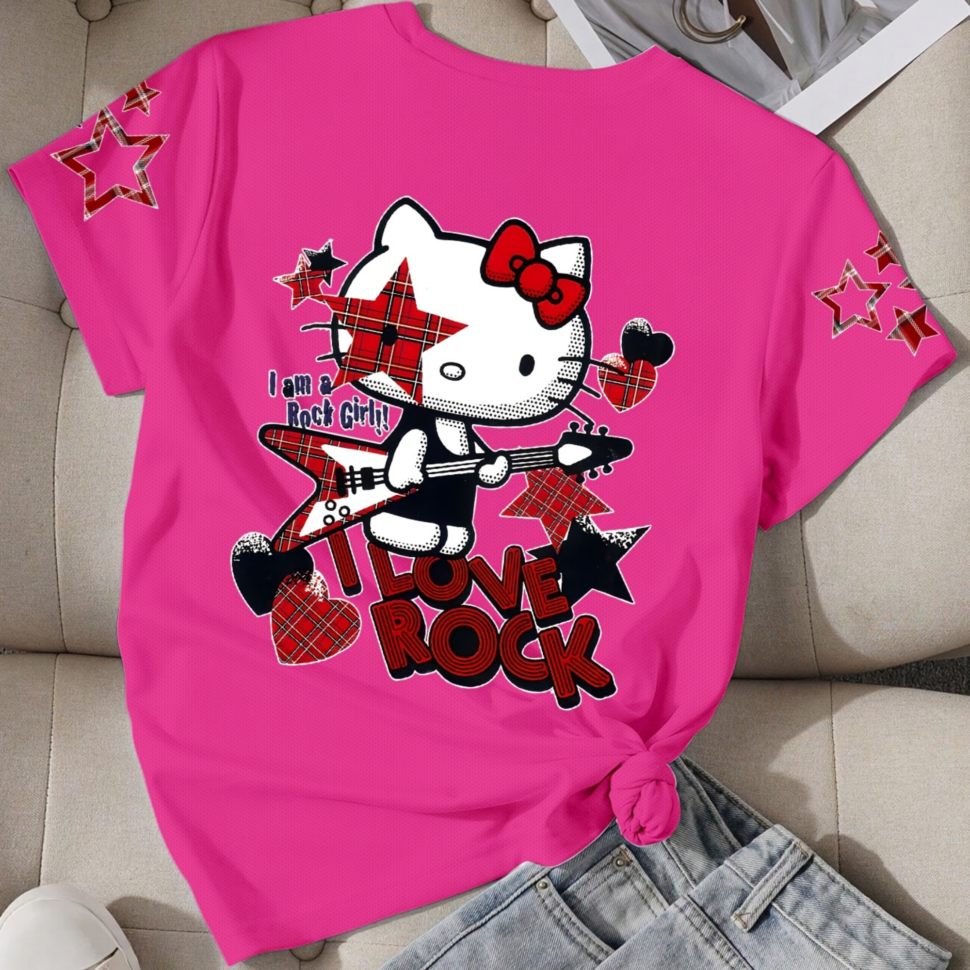 Short Sleeved T Shirt For Girls With Hello Kitty Double Sided Print