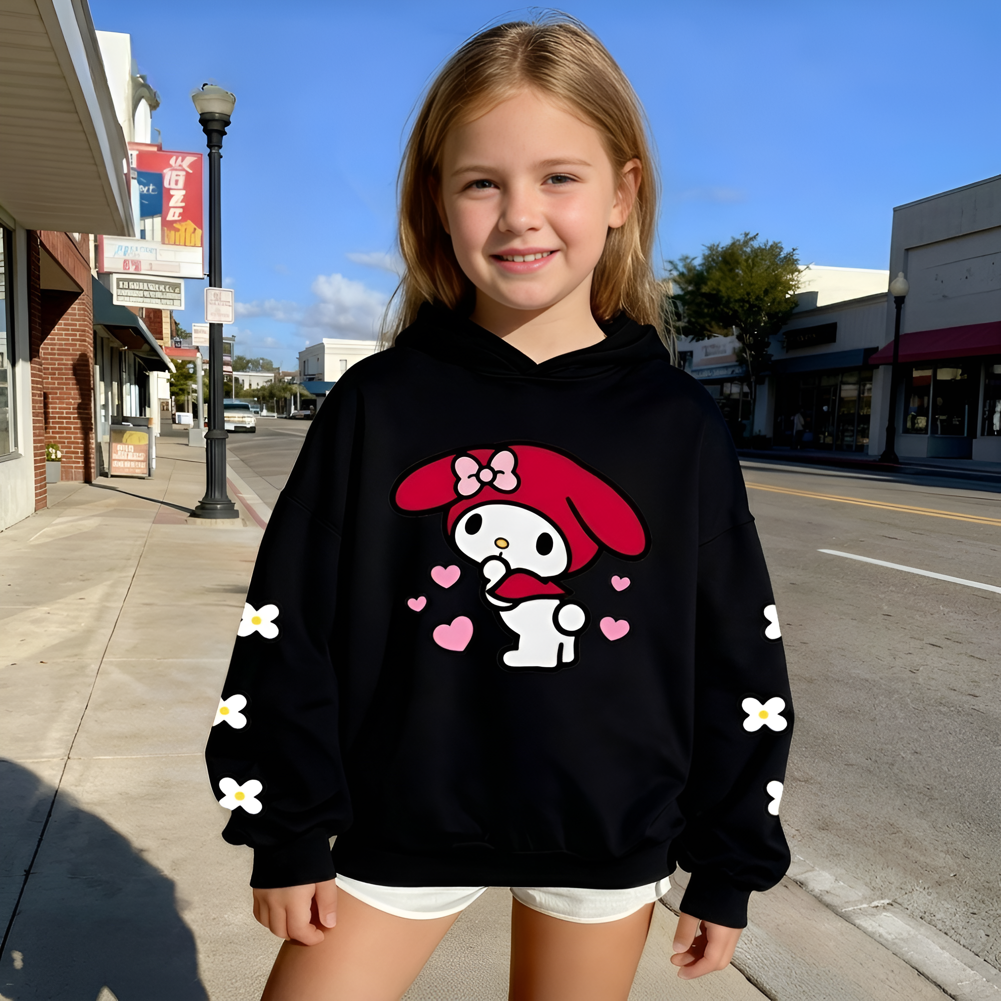 My Melody Cartoon Print Hooded Sweatshirt For Girls