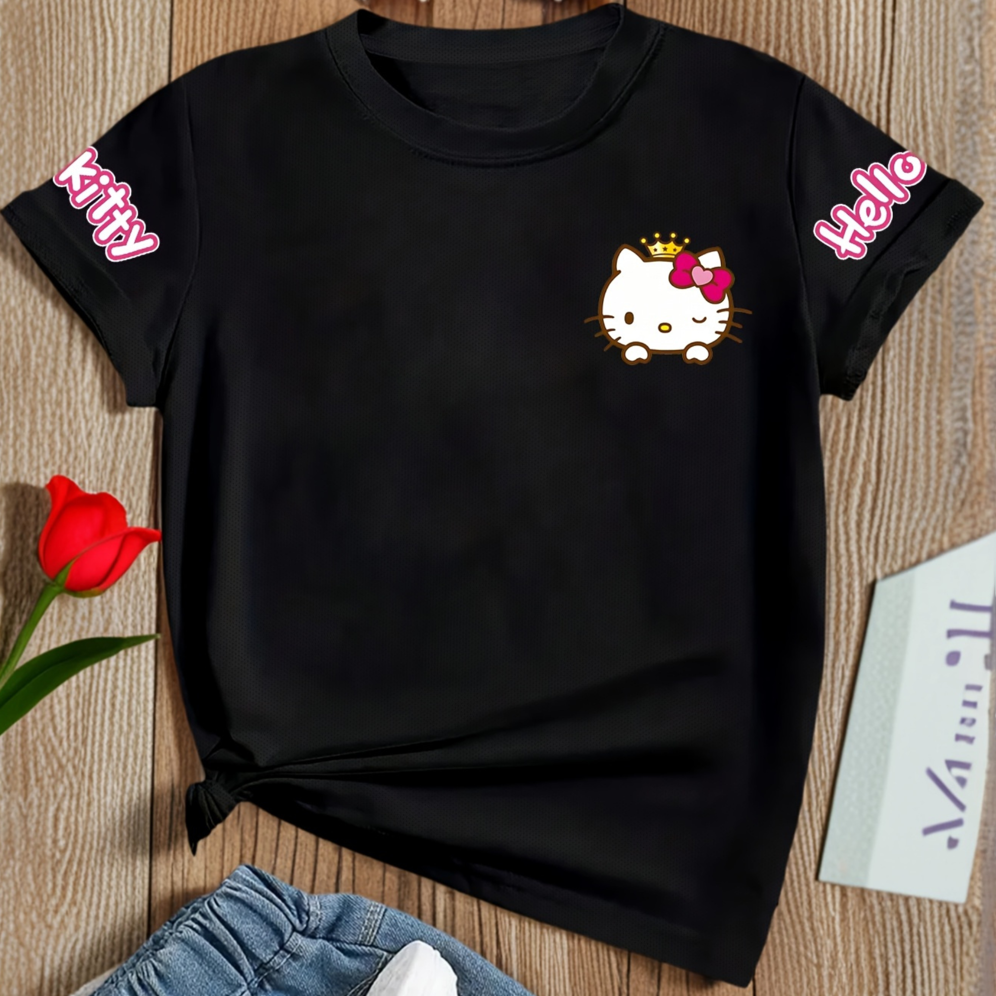 Casual Short Sleeved T Shirt With Hello Kitty Printed For Girls 