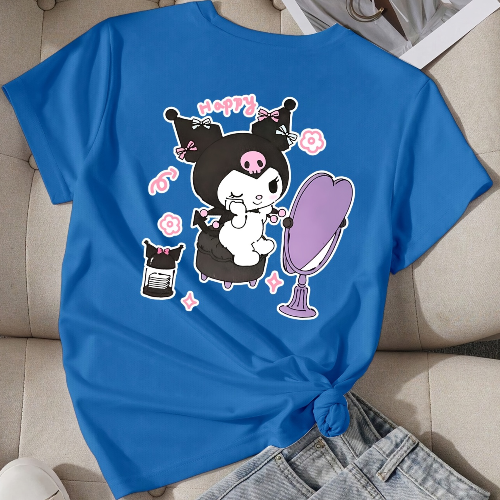 Mesh Short Sleeve T Shirt With Double Sided Kuromi Printed For Girls
