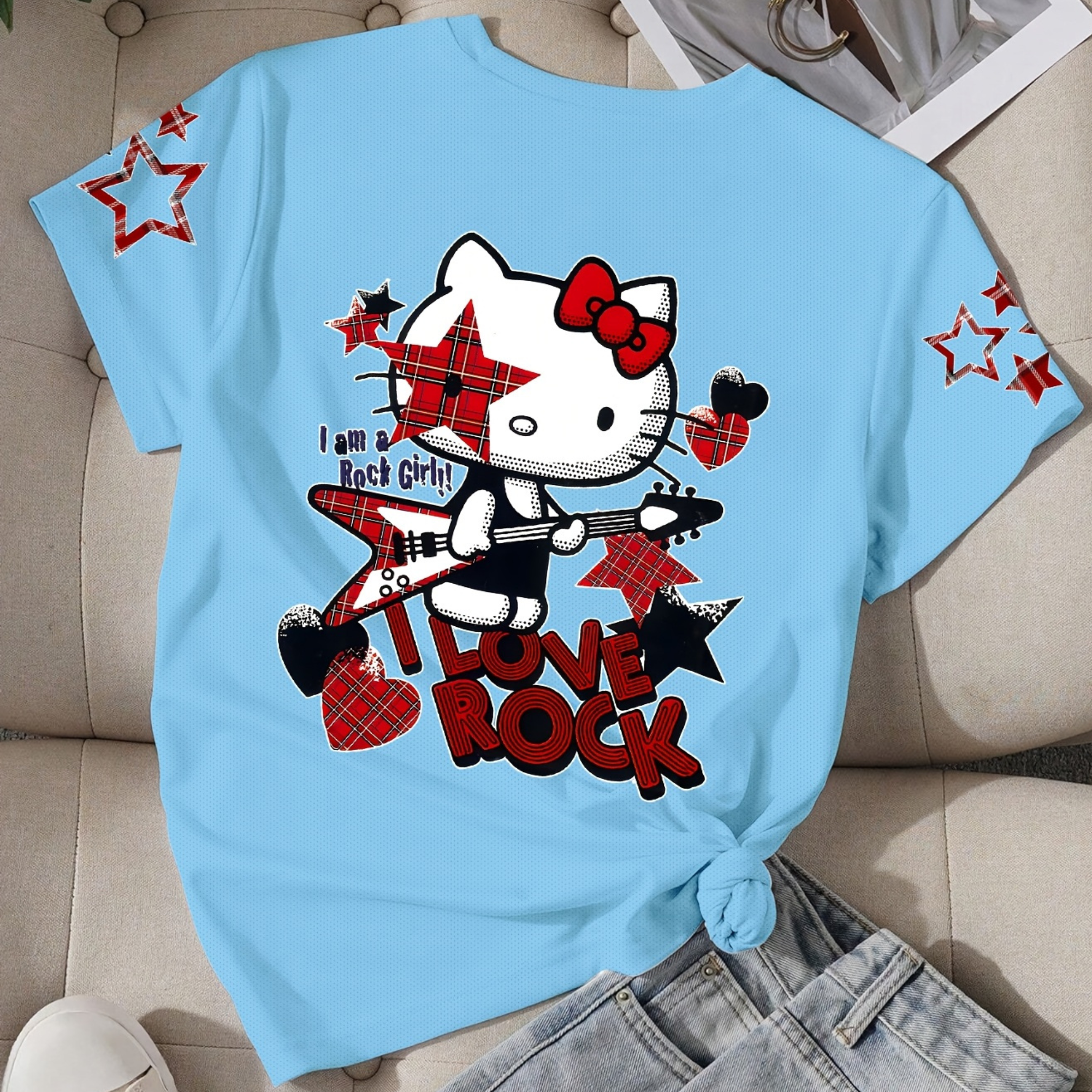 Short Sleeved T Shirt For Girls With Hello Kitty Double Sided Print