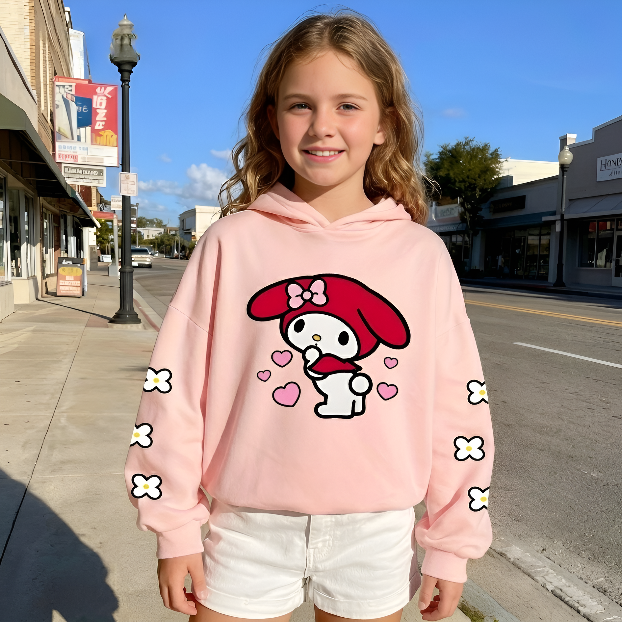 My Melody Cartoon Print Hooded Sweatshirt For Girls