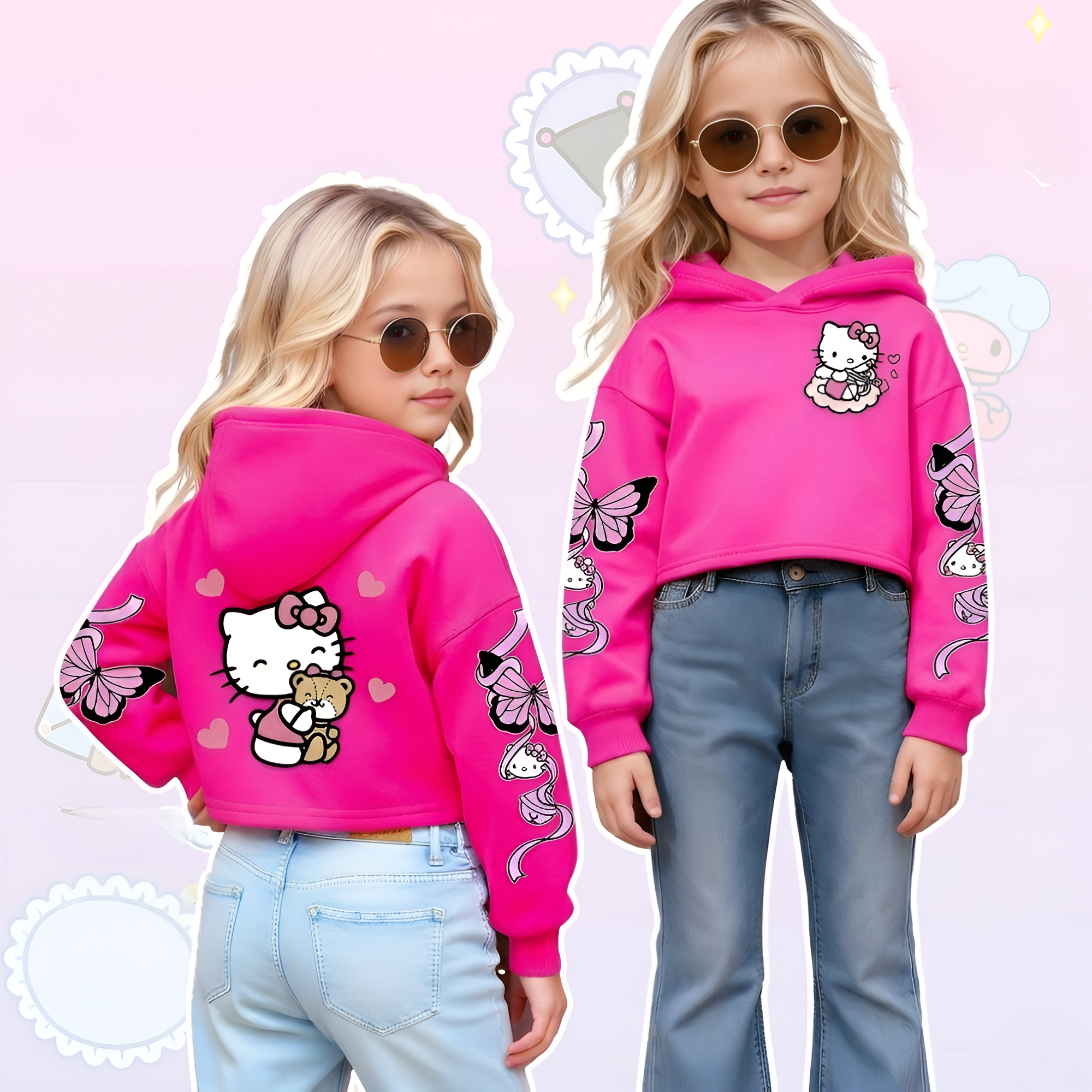 Hello Kitty Cartoon Print Hooded Sweatshirt For Girls Winter Wear