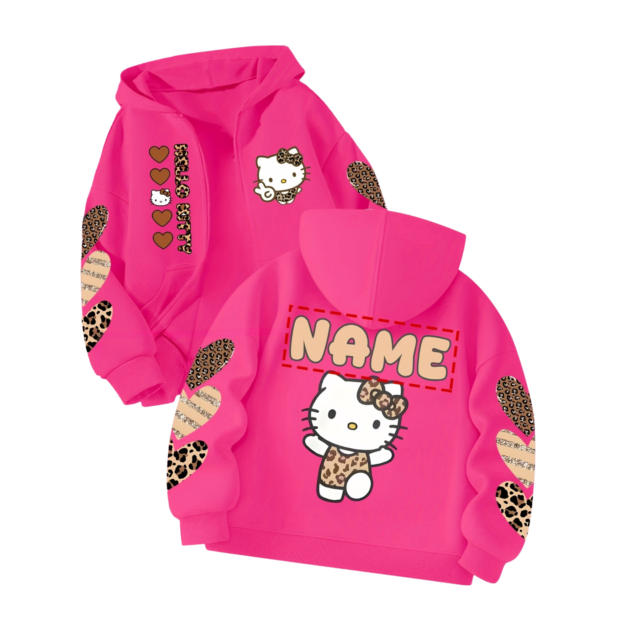  Cardigan Hoodie Features a Cute Leopard Print with Double-Sided Fun Prints of Hello Kitty
