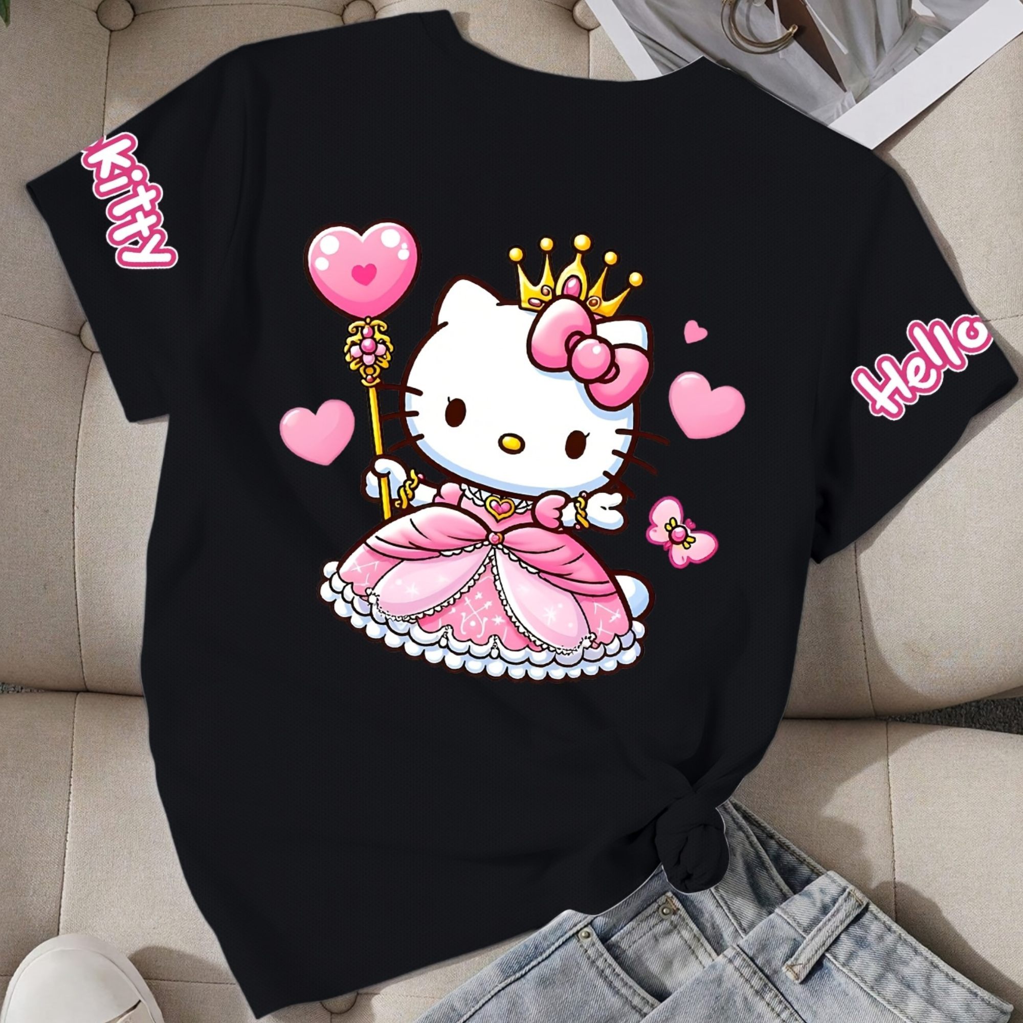 Casual Short Sleeved T Shirt With Hello Kitty Printed For Girls 