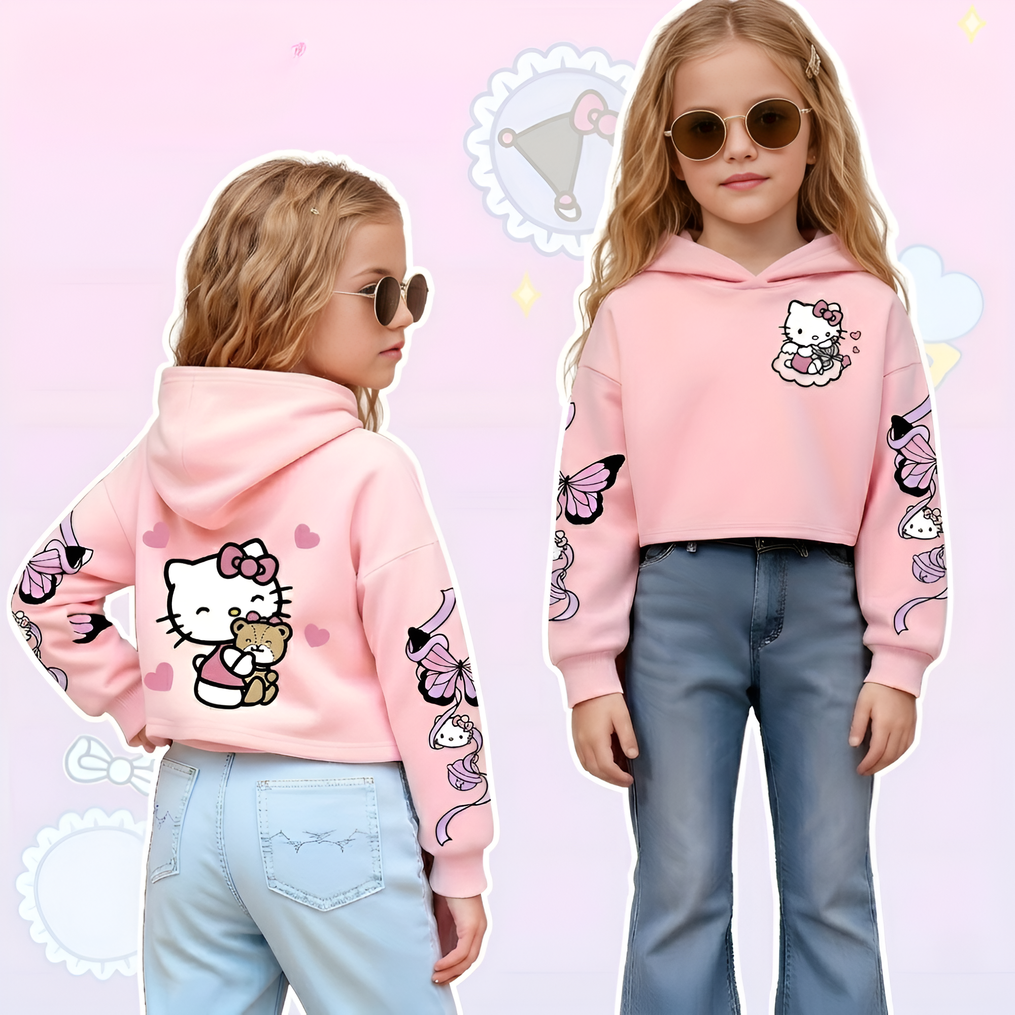 Hello Kitty Cartoon Print Hooded Sweatshirt For Girls Winter Wear