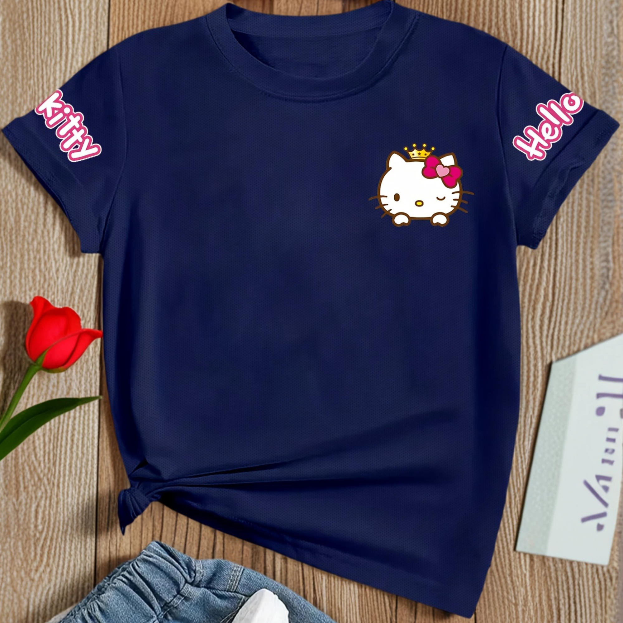 Casual Short Sleeved T Shirt With Hello Kitty Printed For Girls 