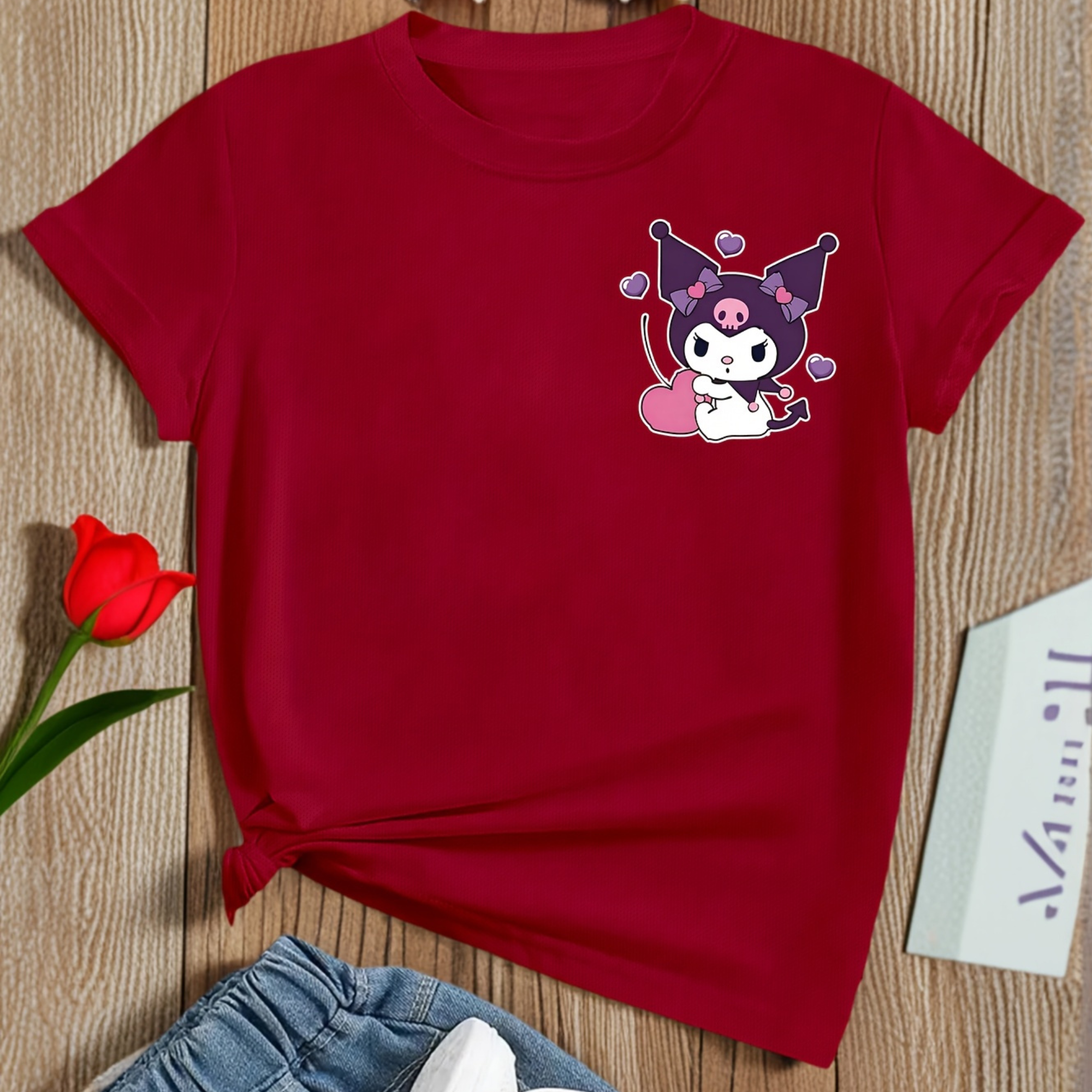 Mesh Short Sleeve T Shirt With Double Sided Kuromi Printed For Girls