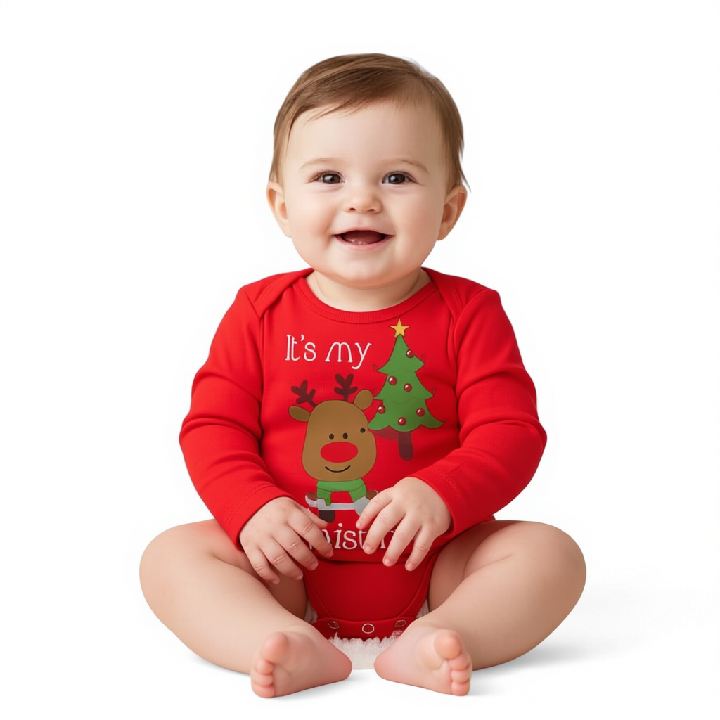 Its My 1ST Christmas Printed Baby Triangle Romper Long Sleeve Newborn Bodysuit