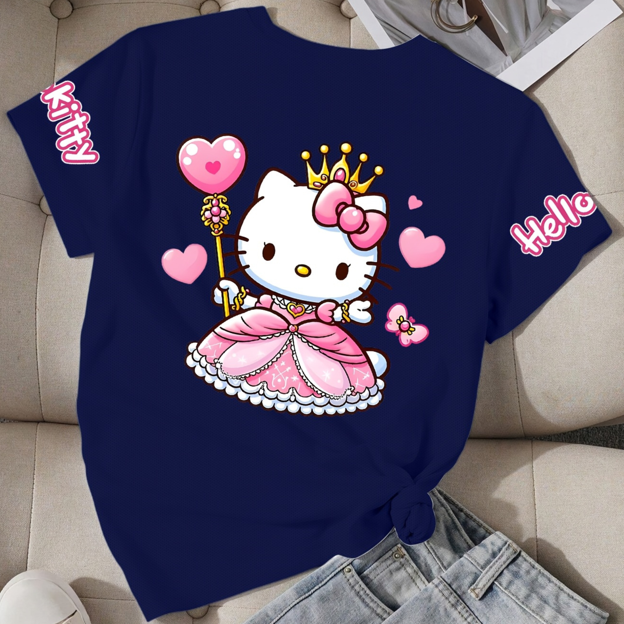 Casual Short Sleeved T Shirt With Hello Kitty Printed For Girls 