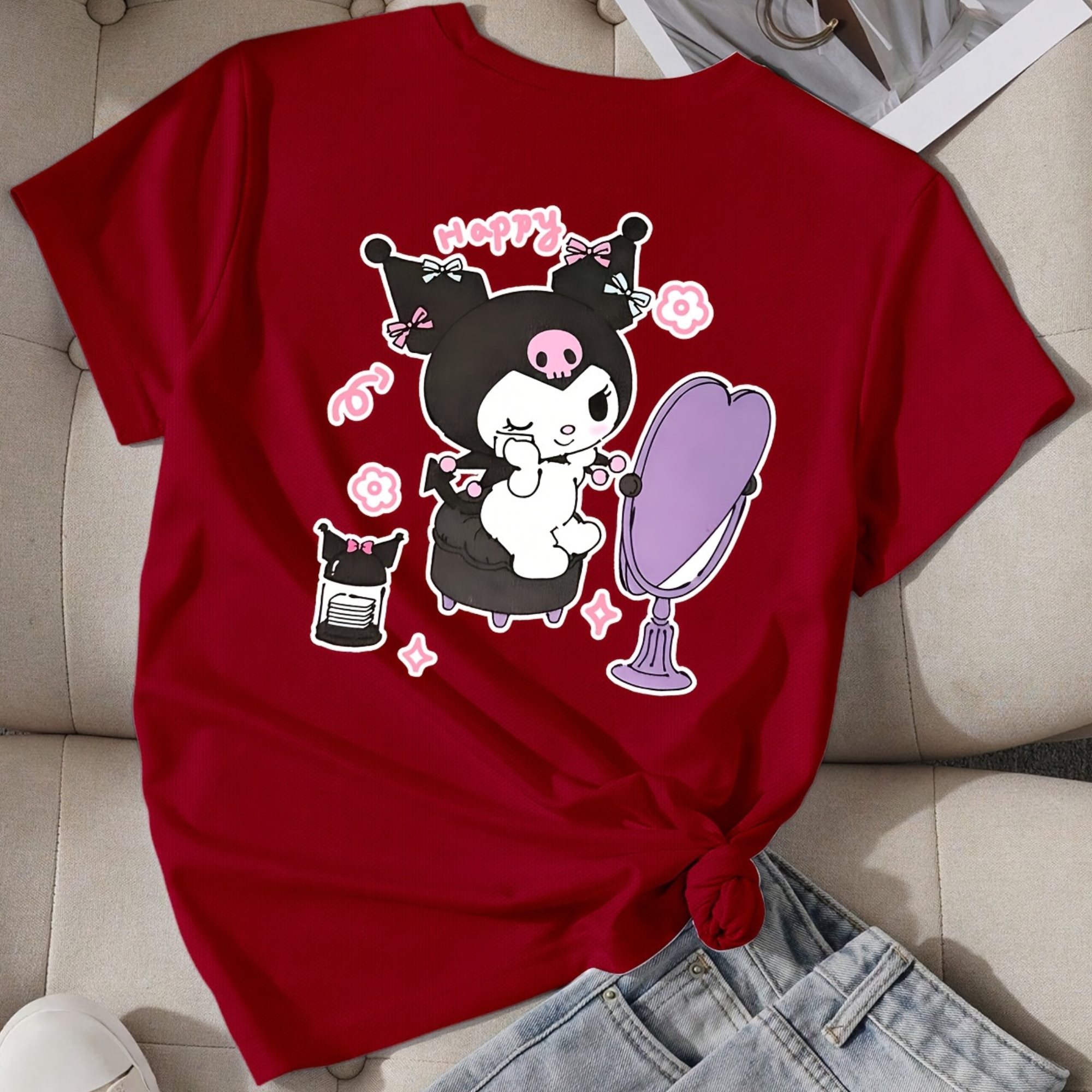 Mesh Short Sleeve T Shirt With Double Sided Kuromi Printed For Girls