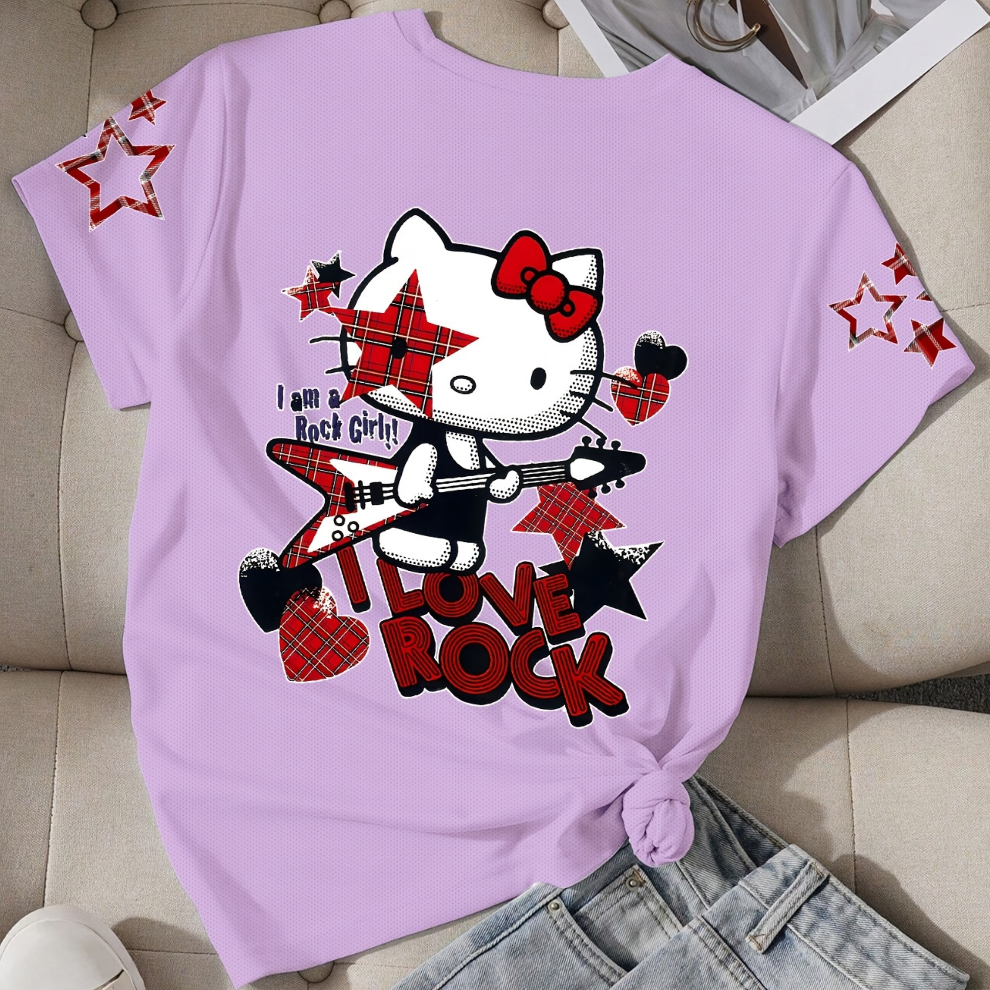 Short Sleeved T Shirt For Girls With Hello Kitty Double Sided Print