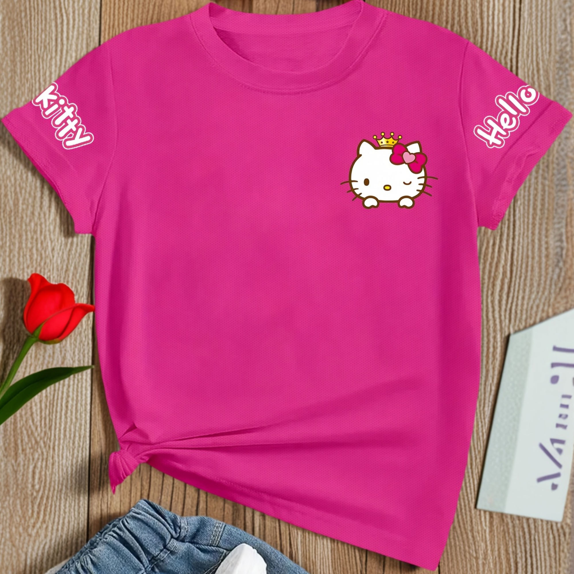 Casual Short Sleeved T Shirt With Hello Kitty Printed For Girls 