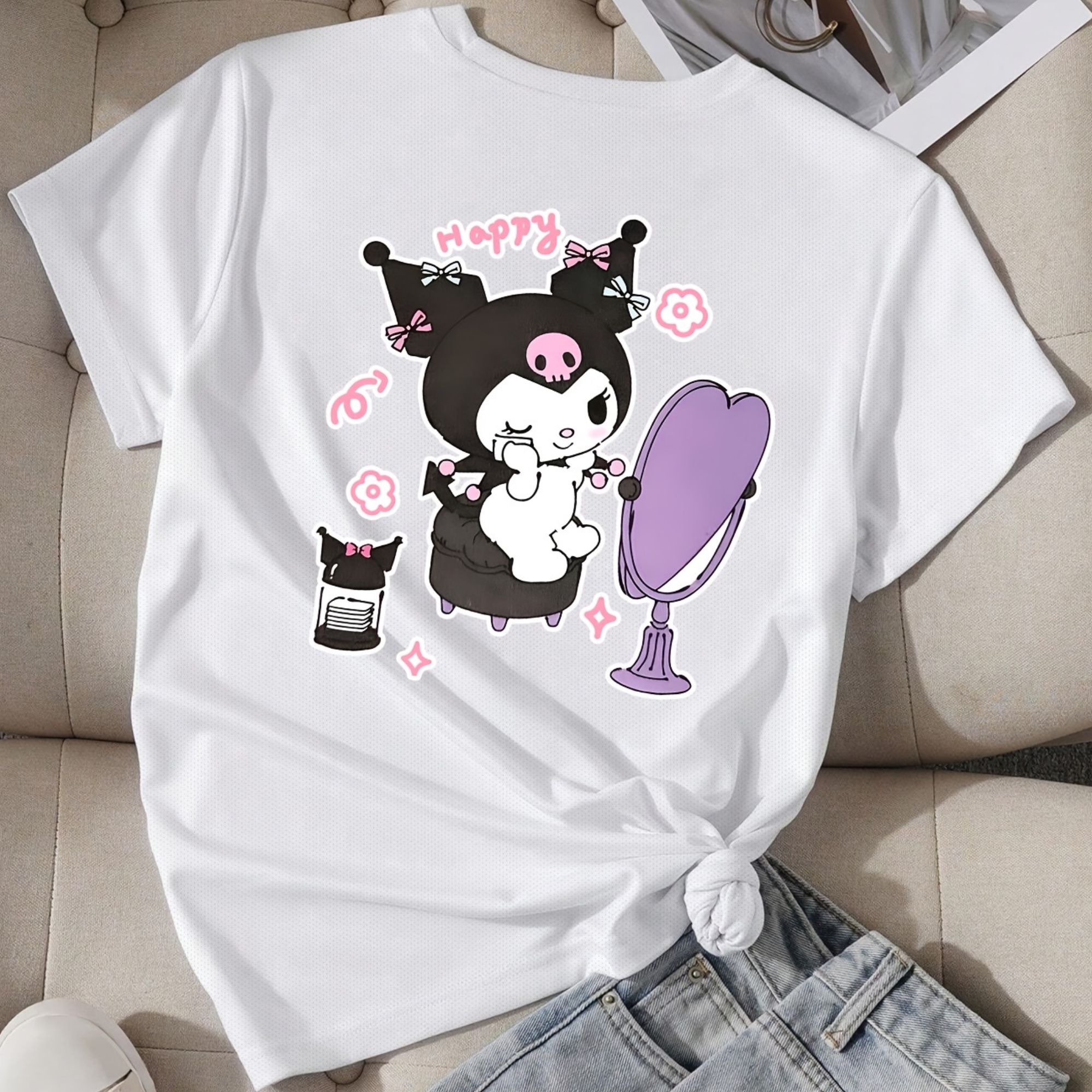 Mesh Short Sleeve T Shirt With Double Sided Kuromi Printed For Girls