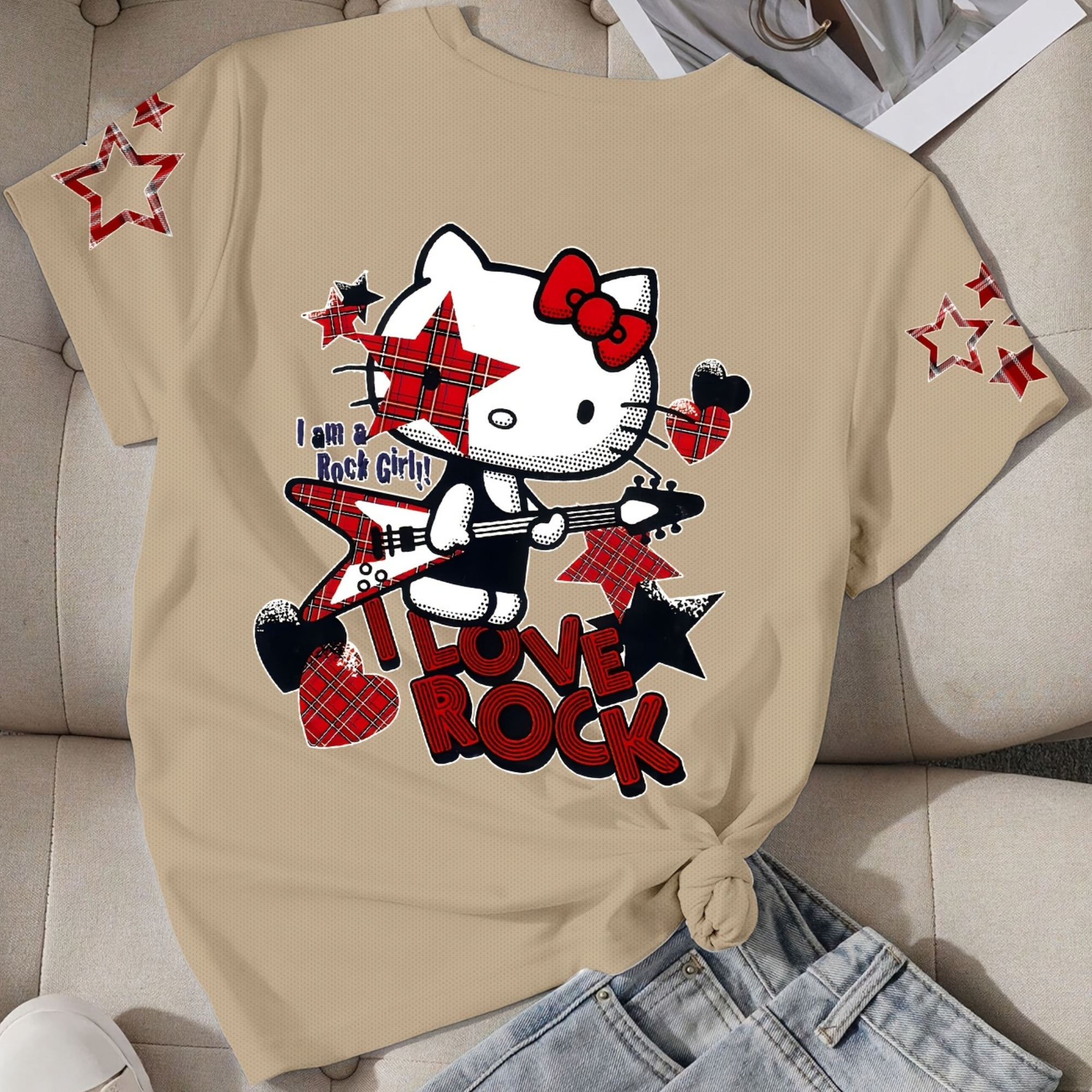 Short Sleeved T Shirt For Girls With Hello Kitty Double Sided Print