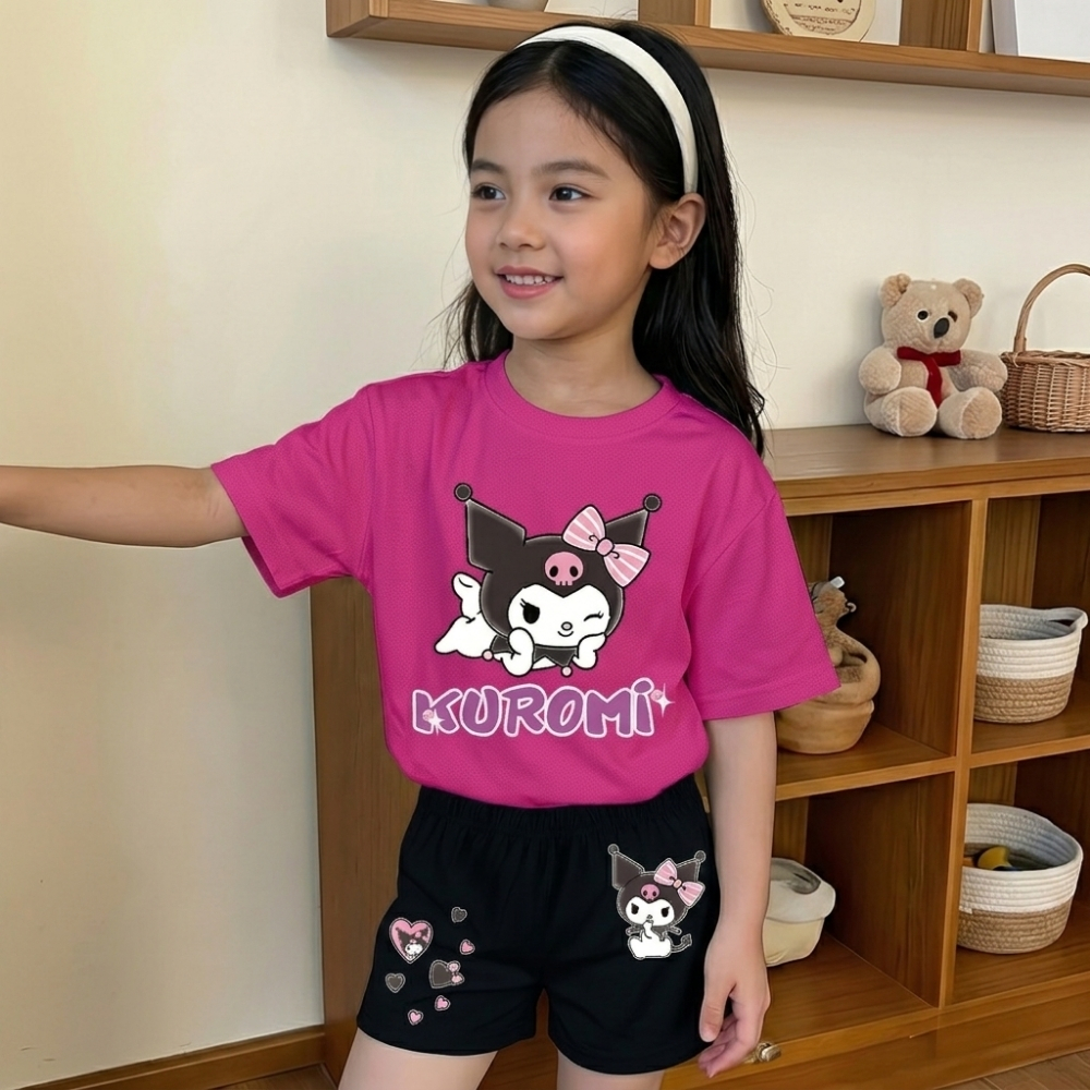 Kuromi Graphic Themed Mesh T Shirt And Shorts Outfit Set For Girls
