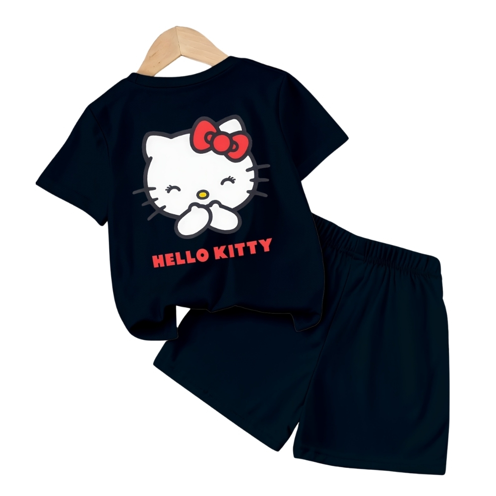 Hello Kitty Double Sided Print Mesh T Shirt And Shorts Set For Girls