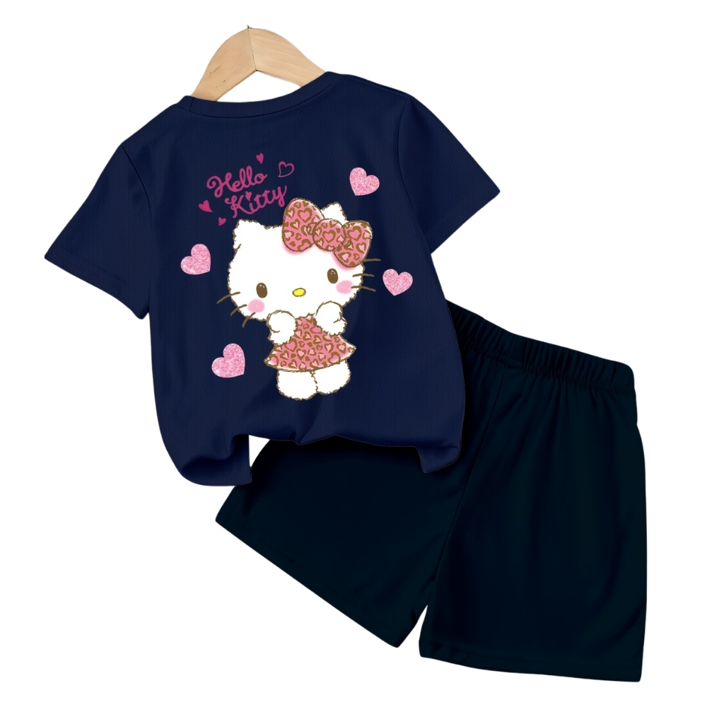Hello Kitty Double Sided Print T Shirt And Shorts 2 Piece Outfit Set For Girls