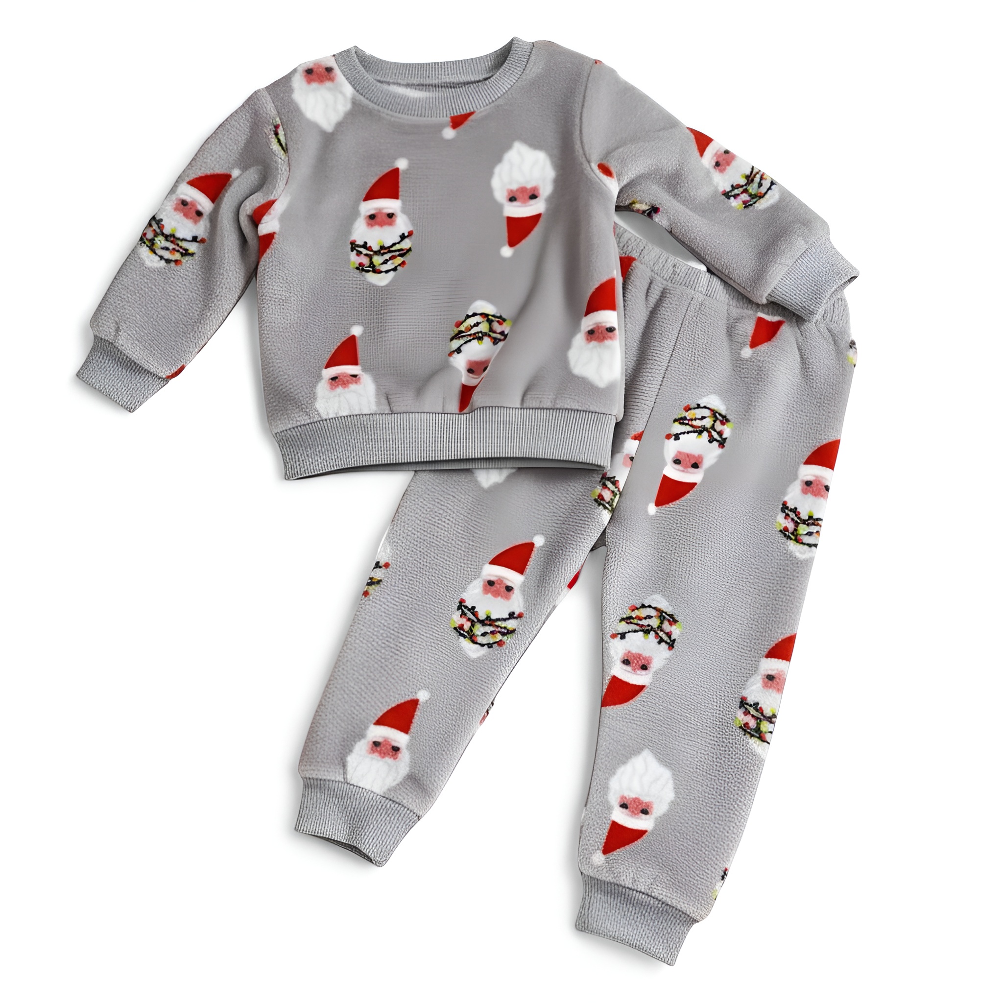 Santa Print Long Sleeve Top And Pants Christmas Outfit Set