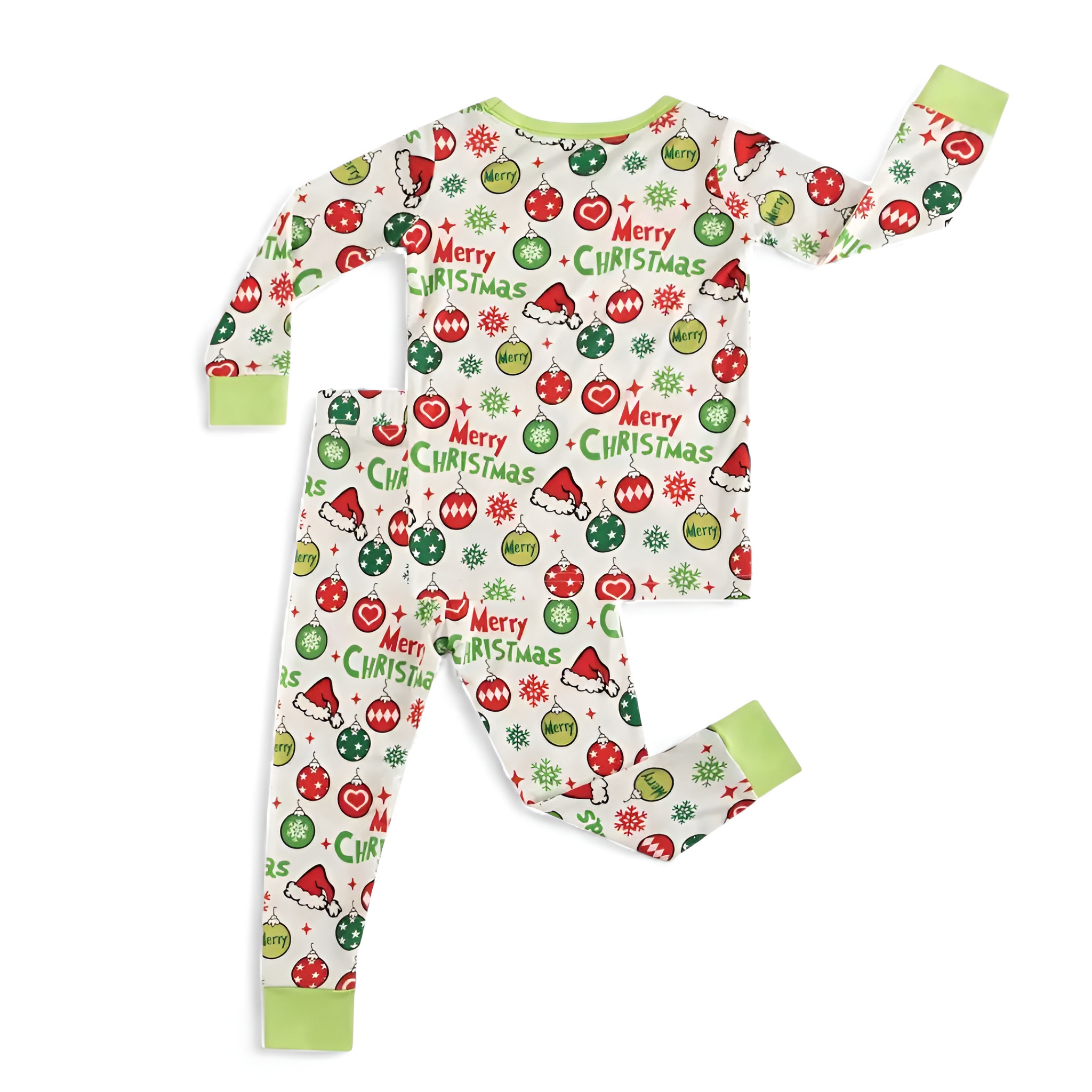Christmas Green Trim Santa Hat Balloon Print Long Sleeve Set