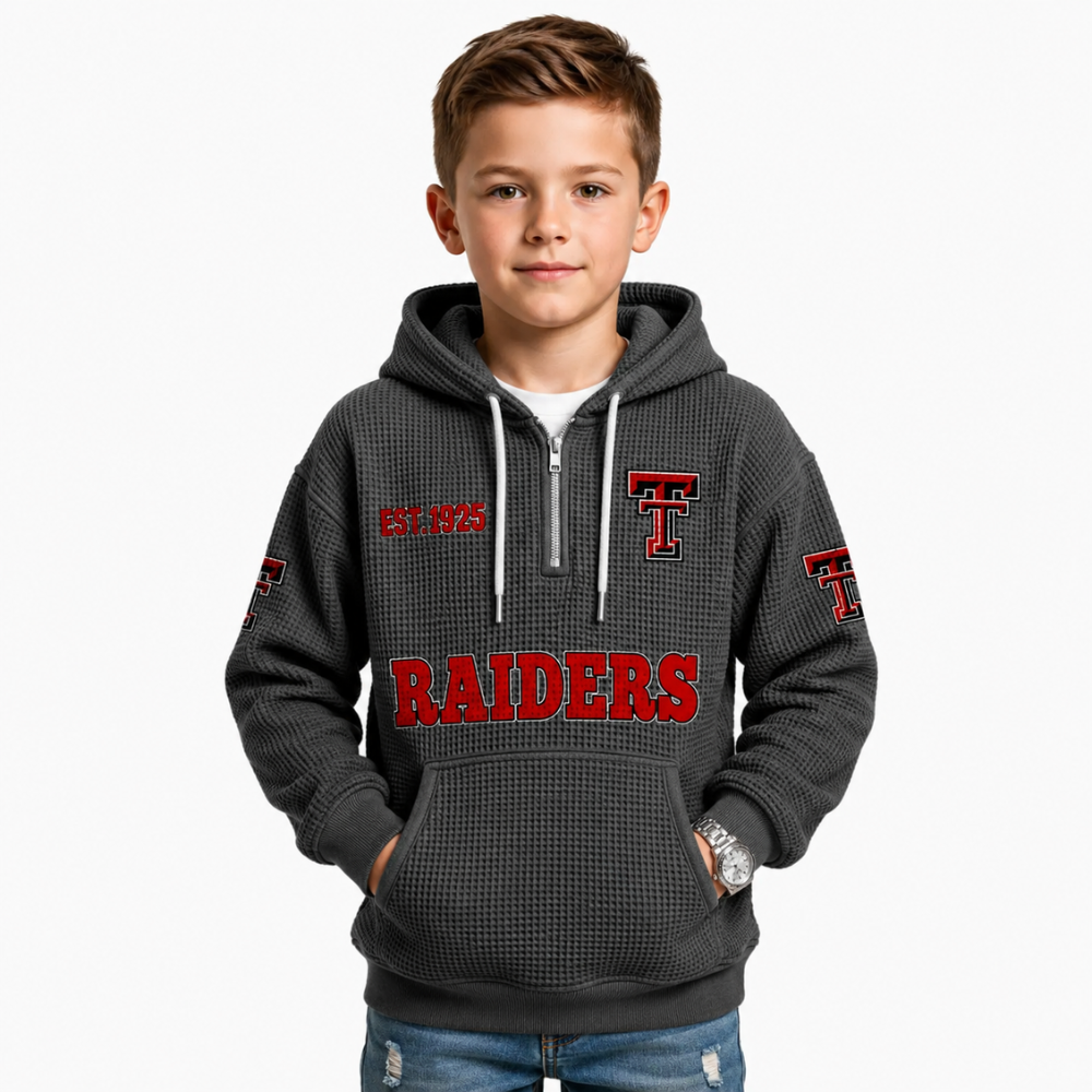 Las Vegas Raiders EST 1925 Themed Quarter Zip Waffle Football Fan Hoodie For Kids