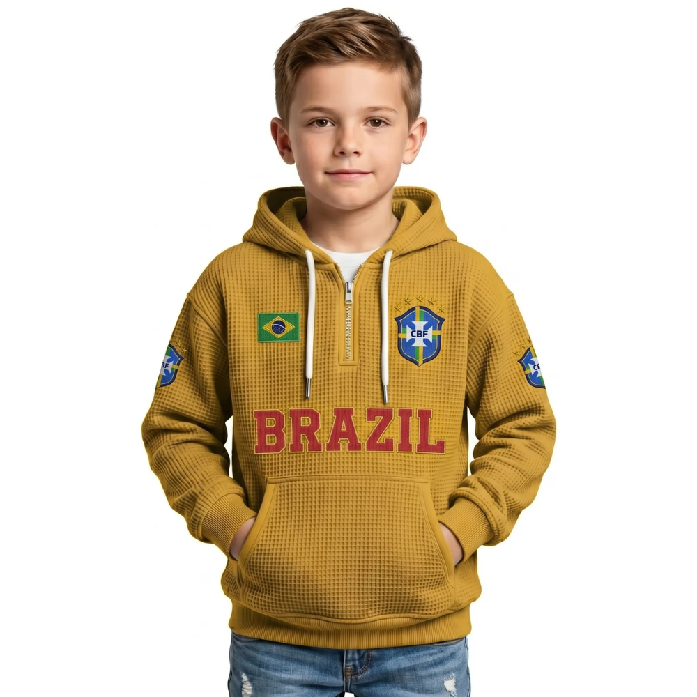 Brazil Printed Waffle Quarter Zip Football Fan Hoodie For Kids