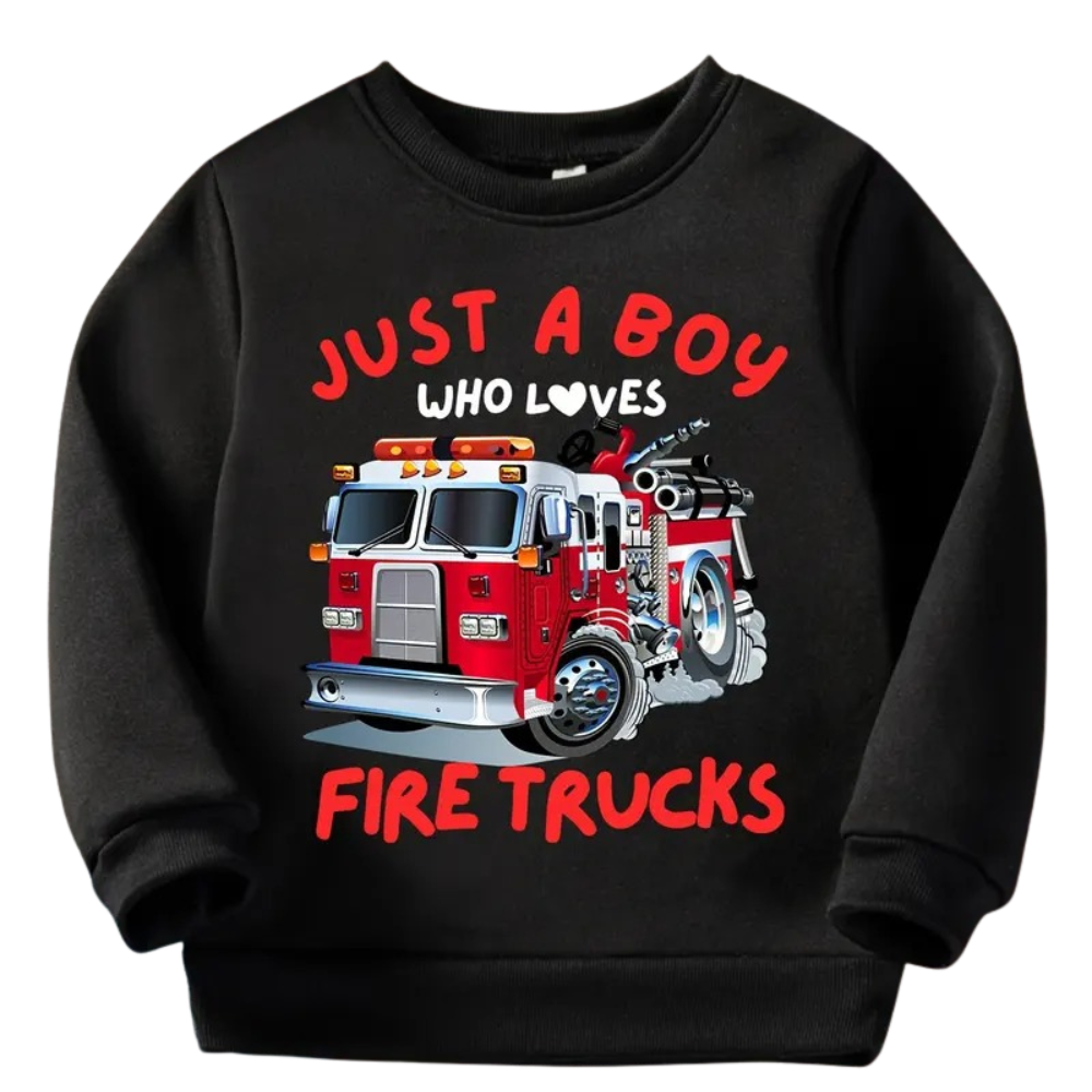 Long Sleeve Pullover Fire Truck Print Sweatshirt