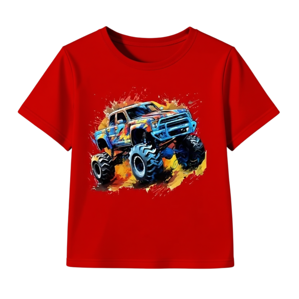 Boys Short Sleeve T Shirt With Cartoon Car Graphic