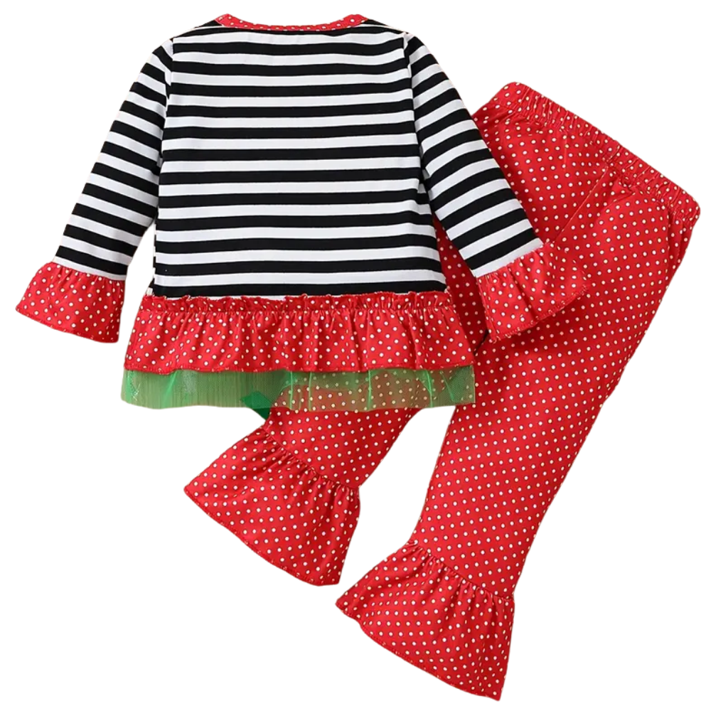 Christmas Santa Embroidered Top and Polka Dot Pants Set For Kids