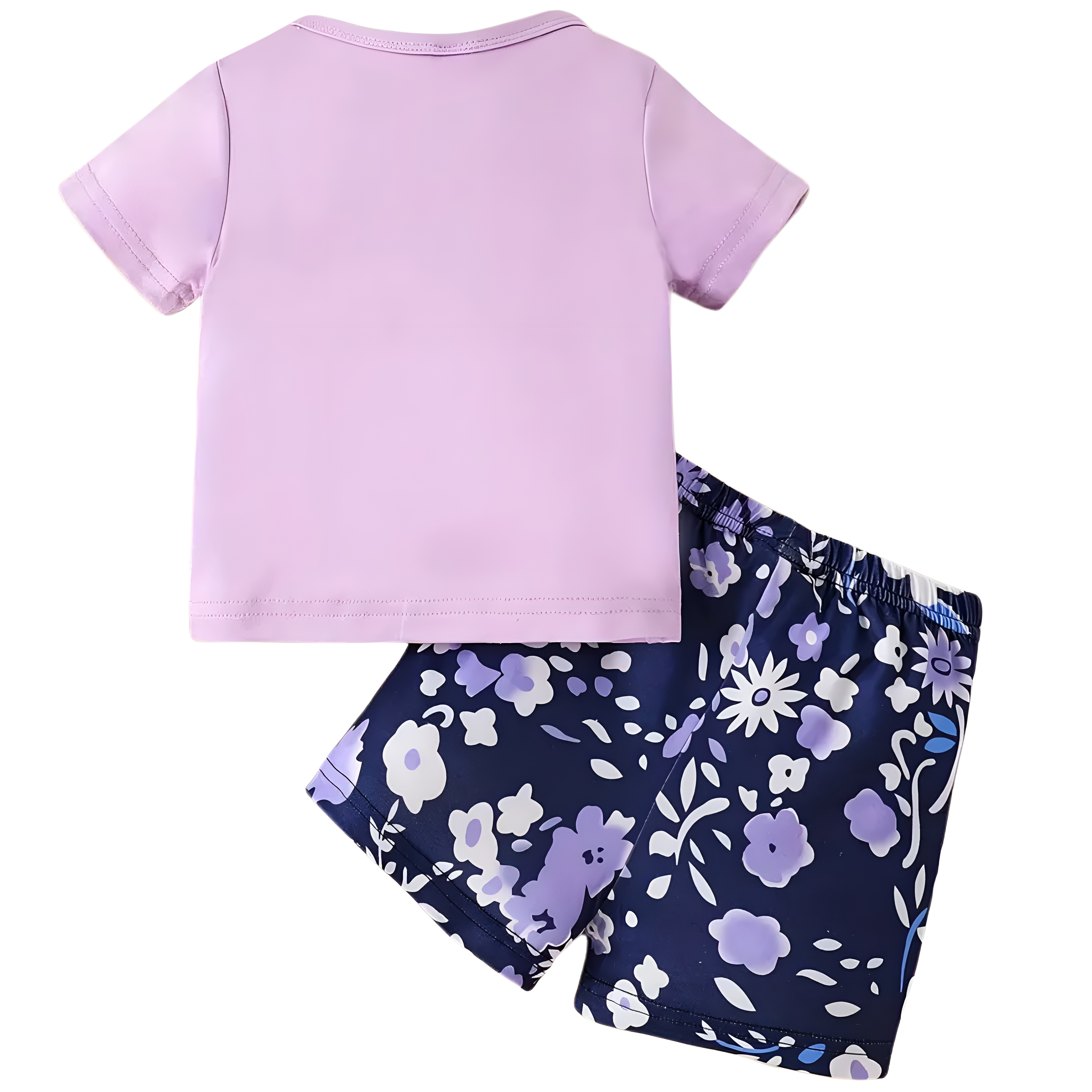 Baby Girl Cartoon Print Round Neck Top and Floral Shorts Two Piece Set