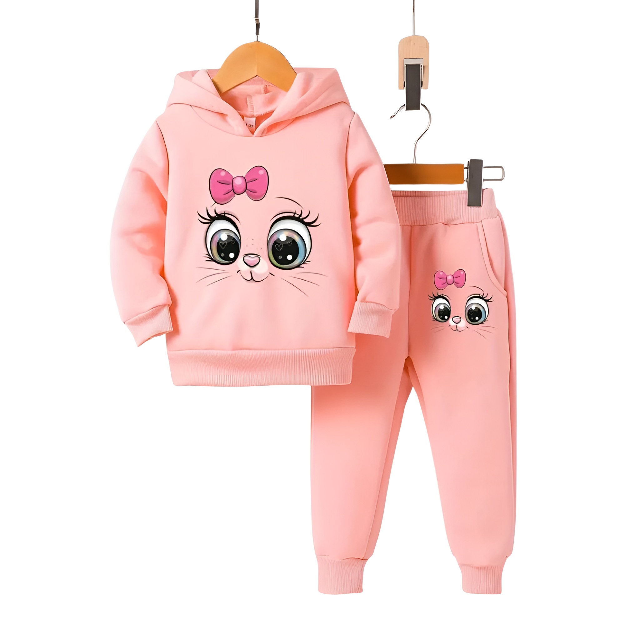 Girls Cartoon Print Hooded Long Sleeve Fleece Sweatshirt Casual Two Piece Set