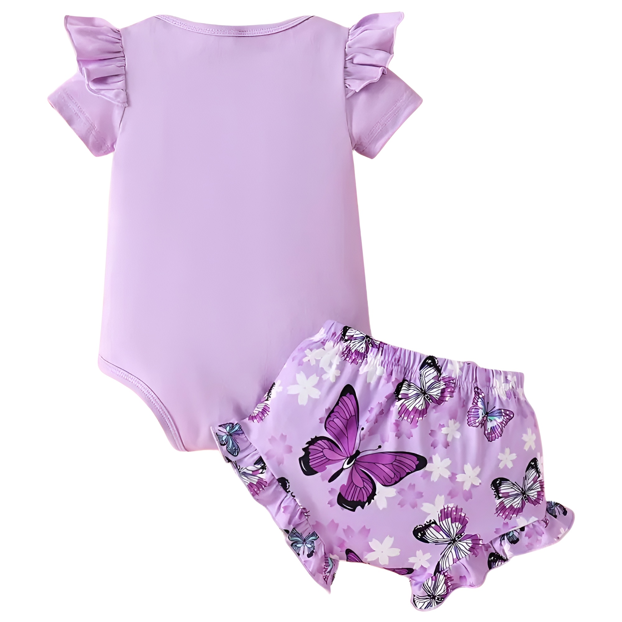 Baby Girls Round Neck Butterfly Print Bodysuit Matching Shorts and Headband Three Piece Set