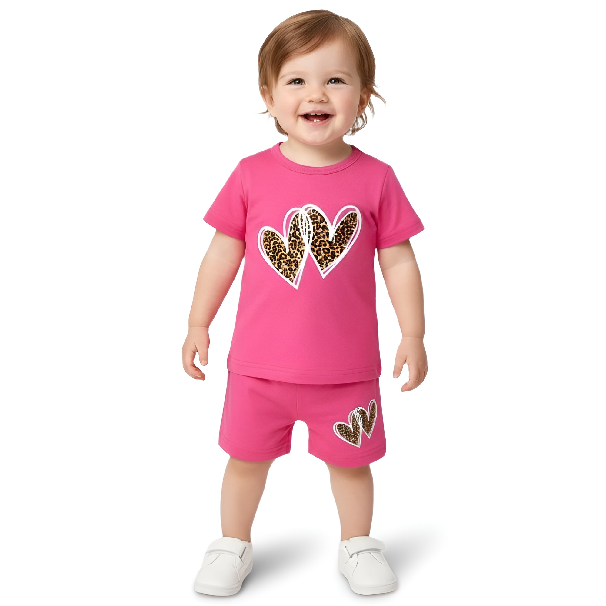 Baby Girls Round Neck Leopard Print Love Graphic Short Sleeve Top and Shorts Two Piece Set