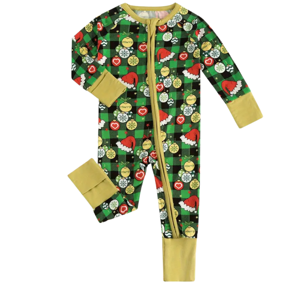 Christmas Romper for Toddlers with Green Plaid and Santa Hat Print