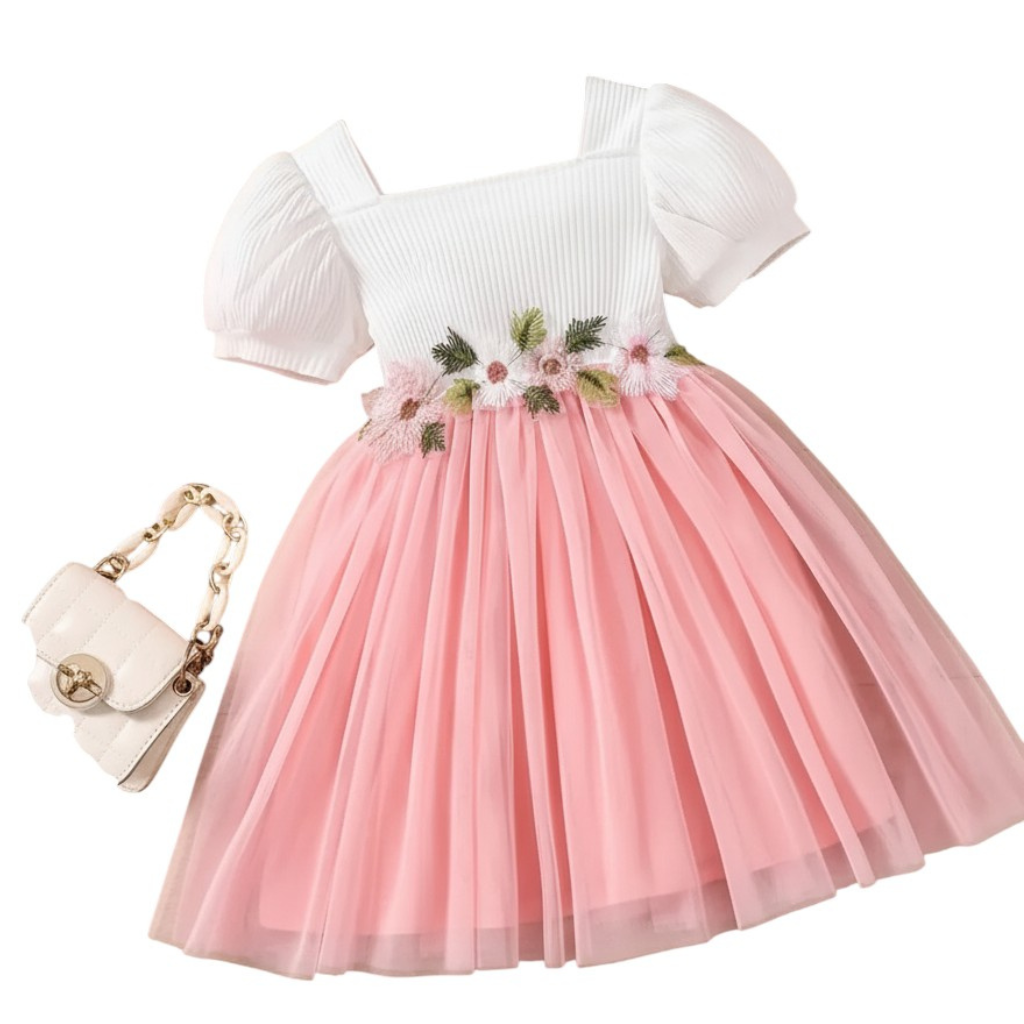 Girls Summer Square Neck Bubble Sleeve Floral Waist Mesh Dress