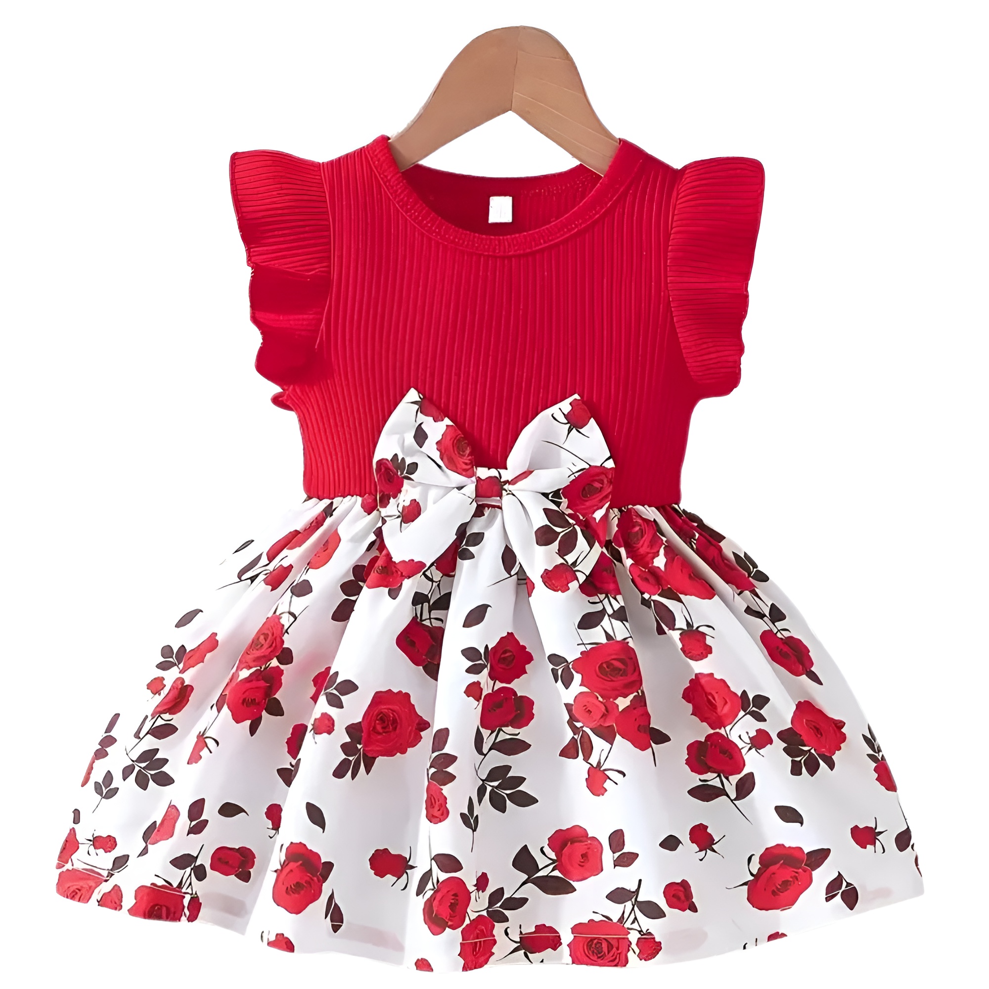 Summer Dress with Red Rose and Puff Sleeve Ruffled Hem