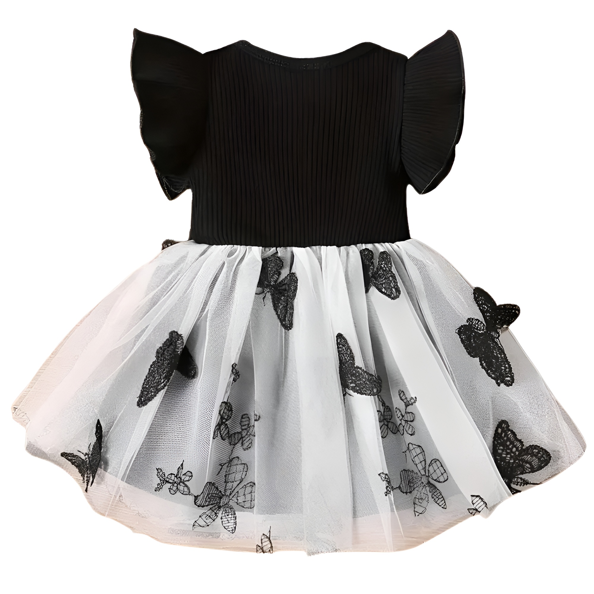 Baby Girls Casual Butterfly Bowknot Decor Mesh Fly Sleeve Dress