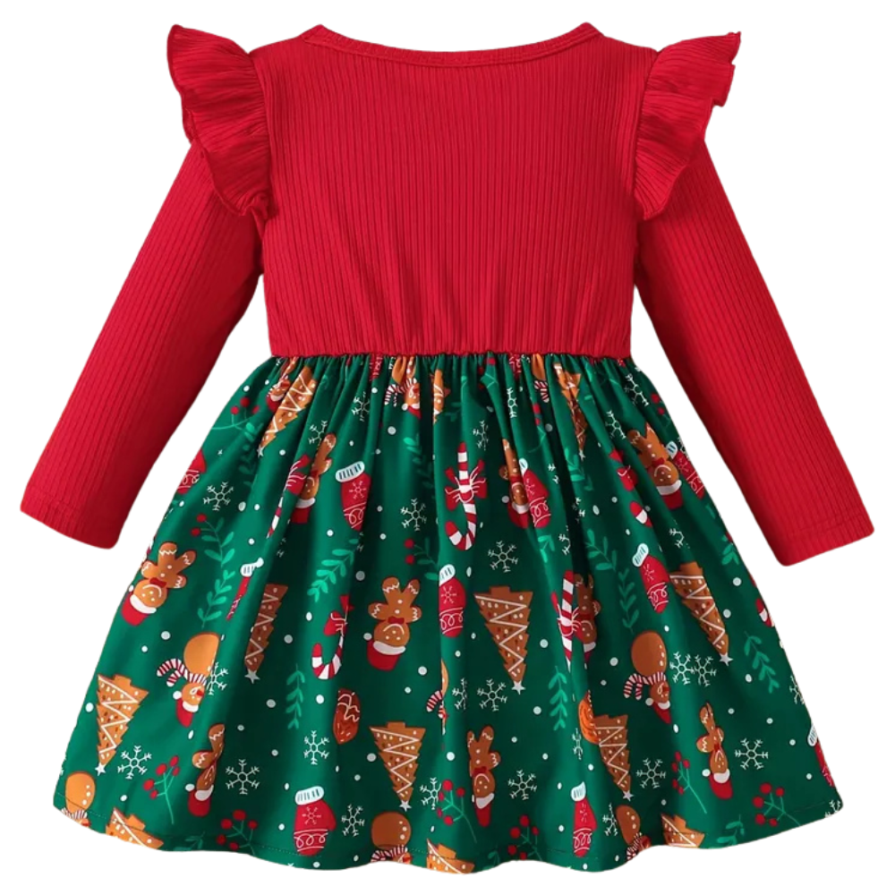 Baby Girl Red and Green Cartoon Print Christmas Dress with Puff Sleeves and Bow Detail